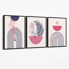 Set of 3 Boho Floral Geometric Purple and Pink Canvas Art Prints with Black Float Frame