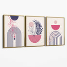 Set of 3 Boho Floral Geometric Purple and Pink Canvas Art Prints with Gold Float Frame