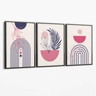 Set of 3 Boho Floral Geometric Purple and Pink Canvas Art Prints with Grey Float Frame