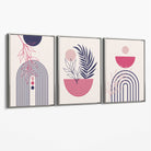 Set of 3 Boho Floral Geometric Purple and Pink Canvas Art Prints with Silver Float Frame