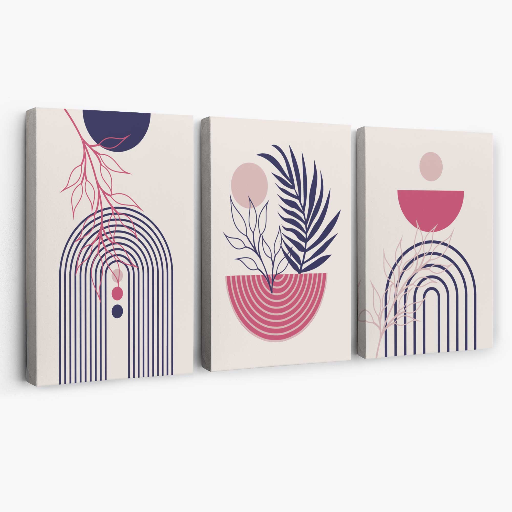 Set of 3 Boho Floral Geometric Purple and Pink Canvas Art Prints | Artze Wall Art