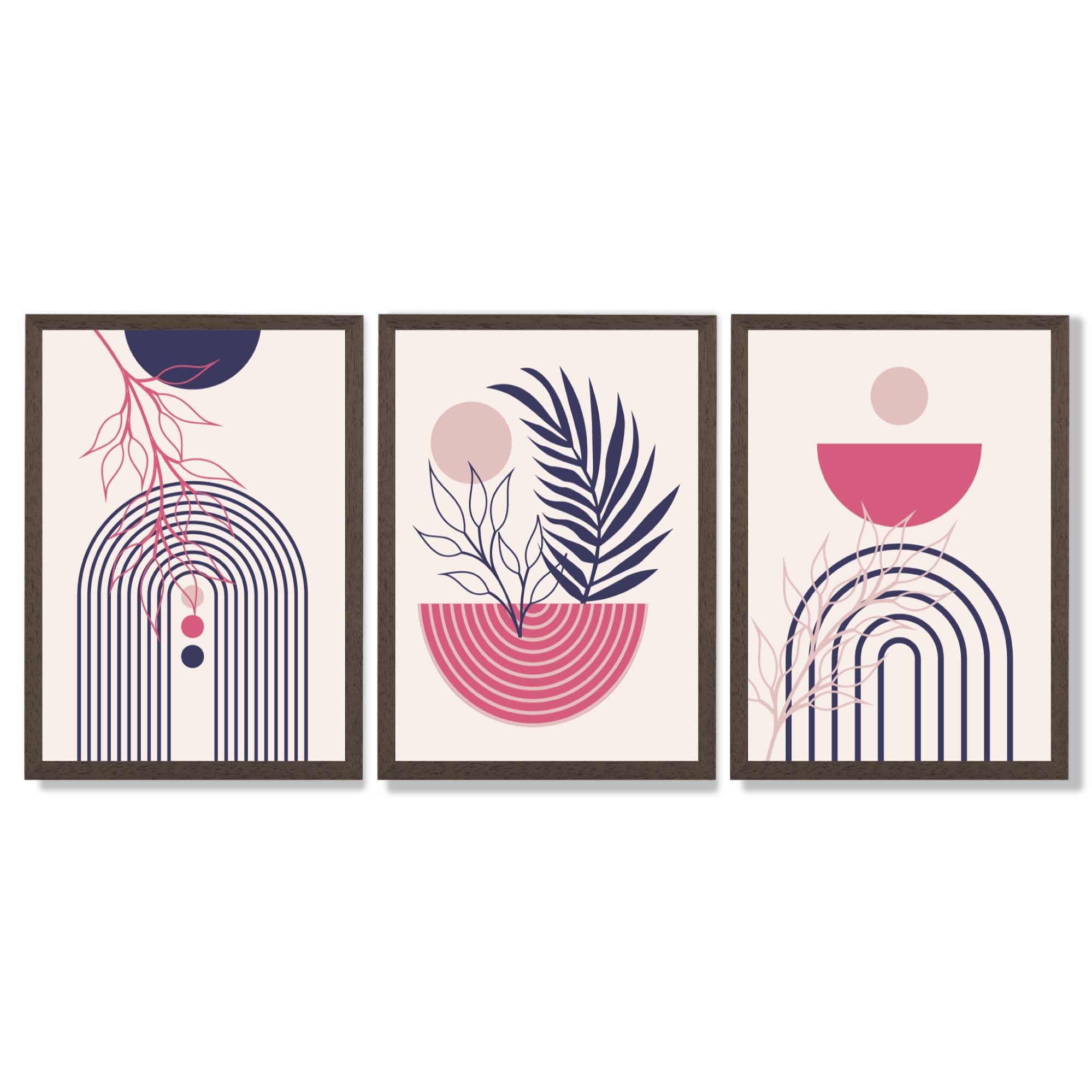 Set of 3 Boho Floral Geometric Purple and Pink Framed Art Prints with Dark Wood Frames