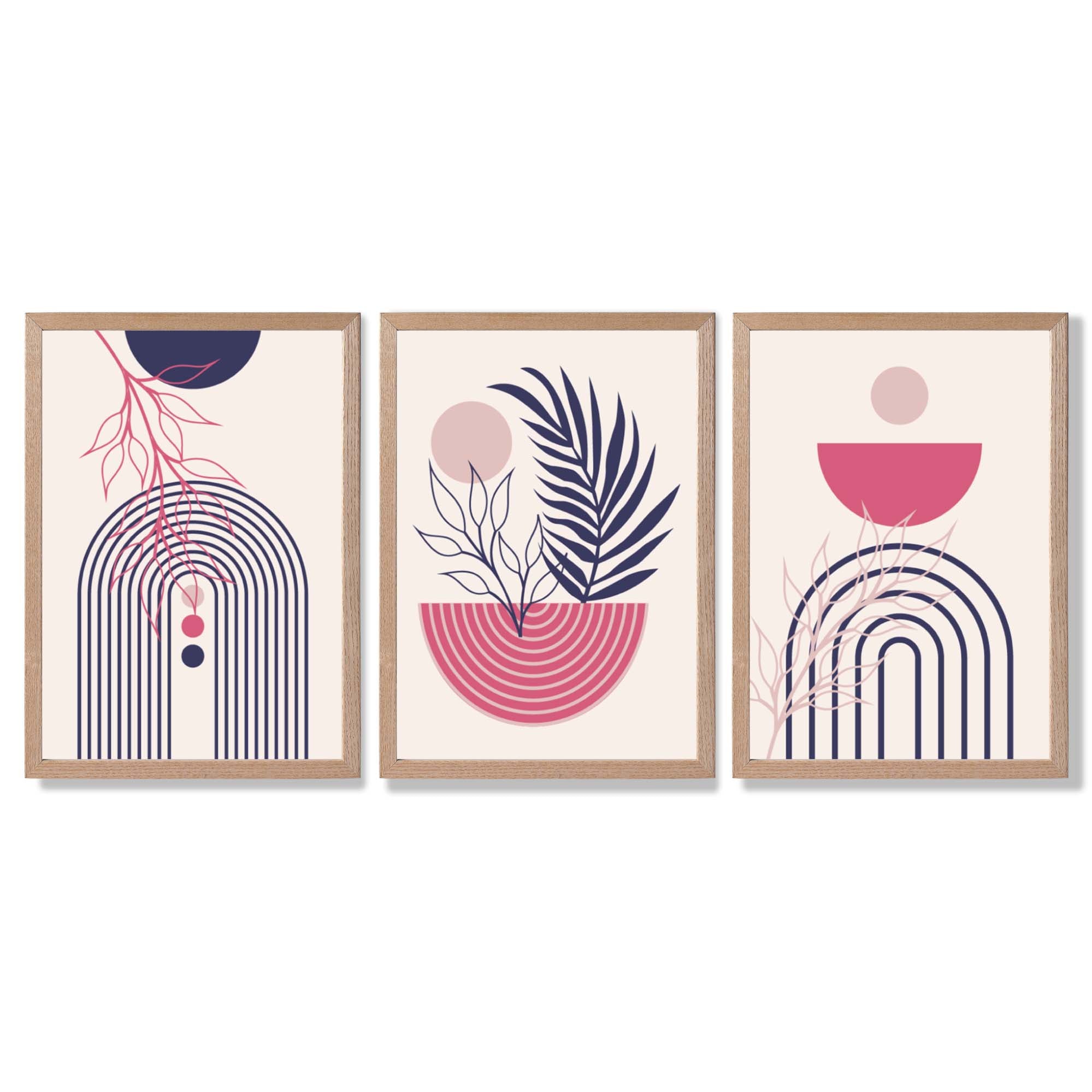 Set of 3 Boho Floral Geometric Purple and Pink Framed Art Prints with Light Oak Frames