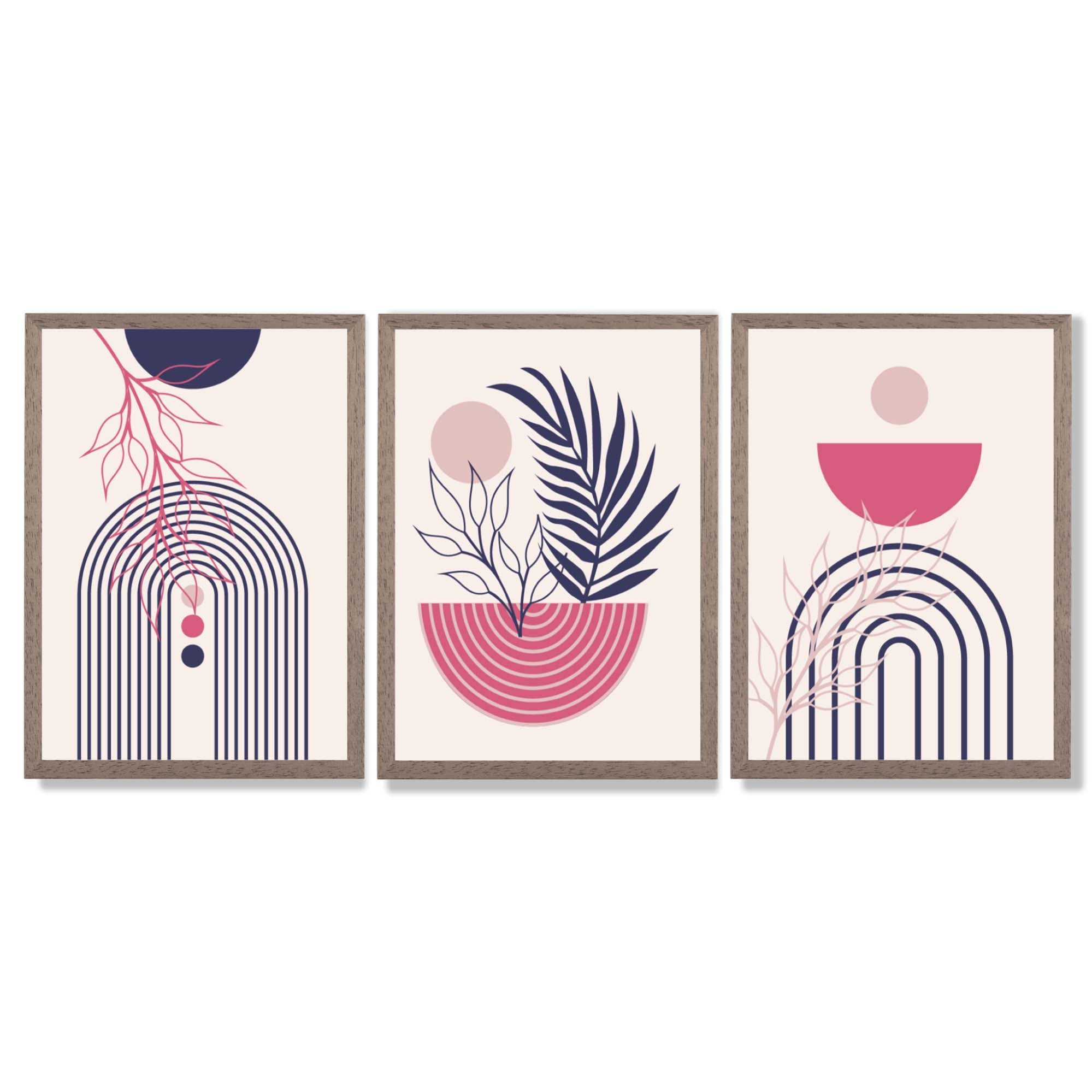 Set of 3 Boho Floral Geometric Purple and Pink Framed Art Prints with Light Walnut Frames