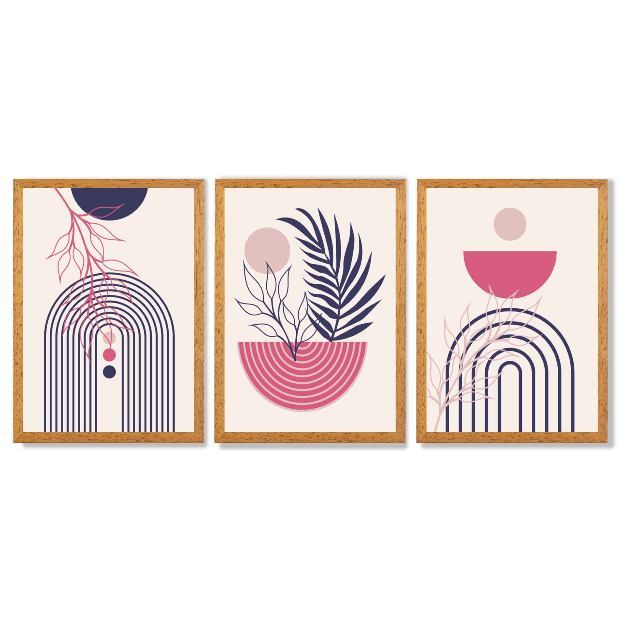 Set of 3 Boho Floral Geometric Purple and Pink Framed Art Prints with Oak Wooden Frames