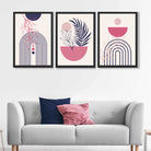 Set of 3 Boho Floral Geometric Purple and Pink Art Prints in Black Frames | Artze UK