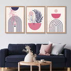 Set of 3 Boho Floral Geometric Purple and Pink Art Prints in Oak Frames | Artze UK