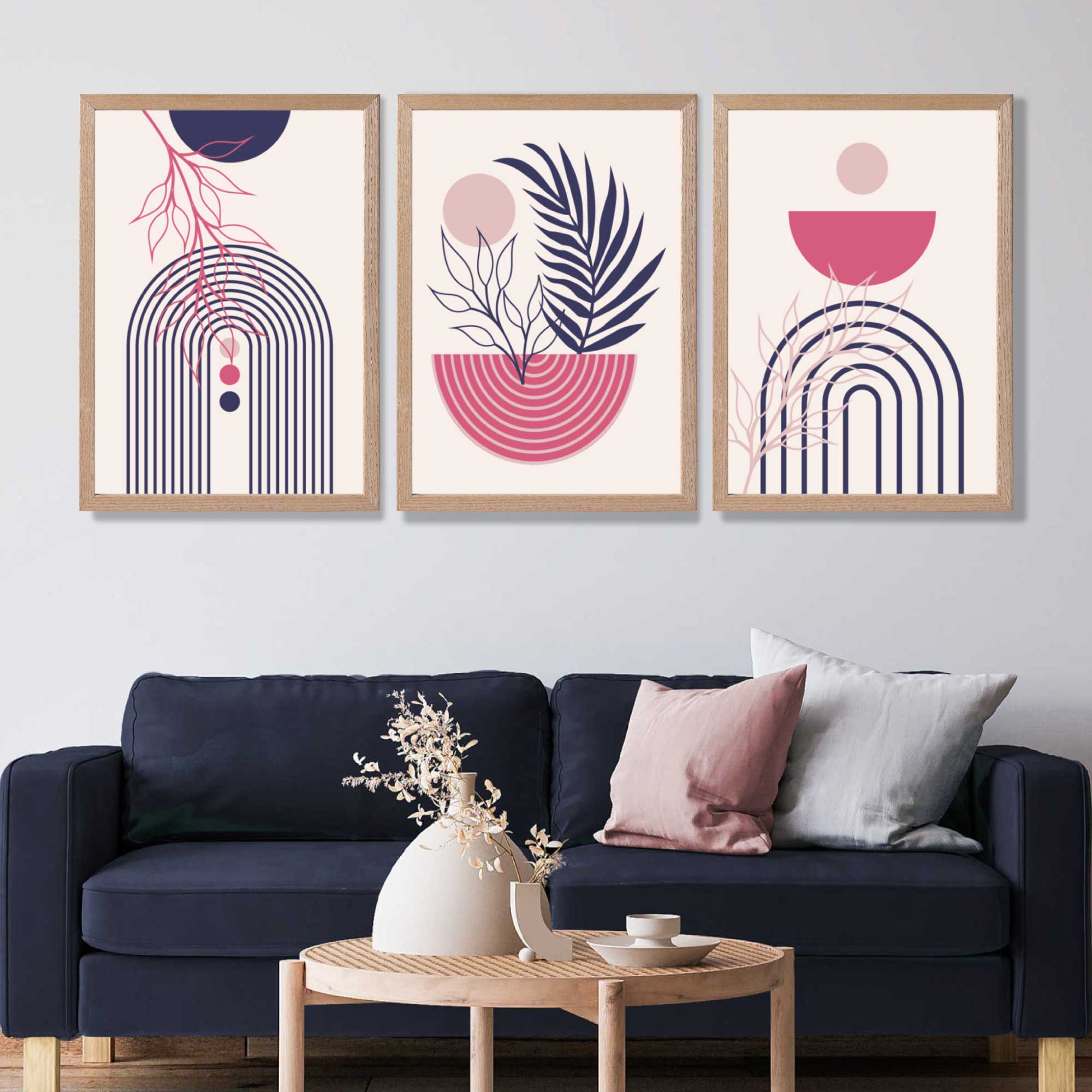 Set of 3 Boho Floral Geometric Purple and Pink Art Prints in Oak Frames | Artze UK