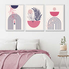 Set of 3 Boho Floral Geometric Purple and Pink Art Prints in White Frames | Artze UK
