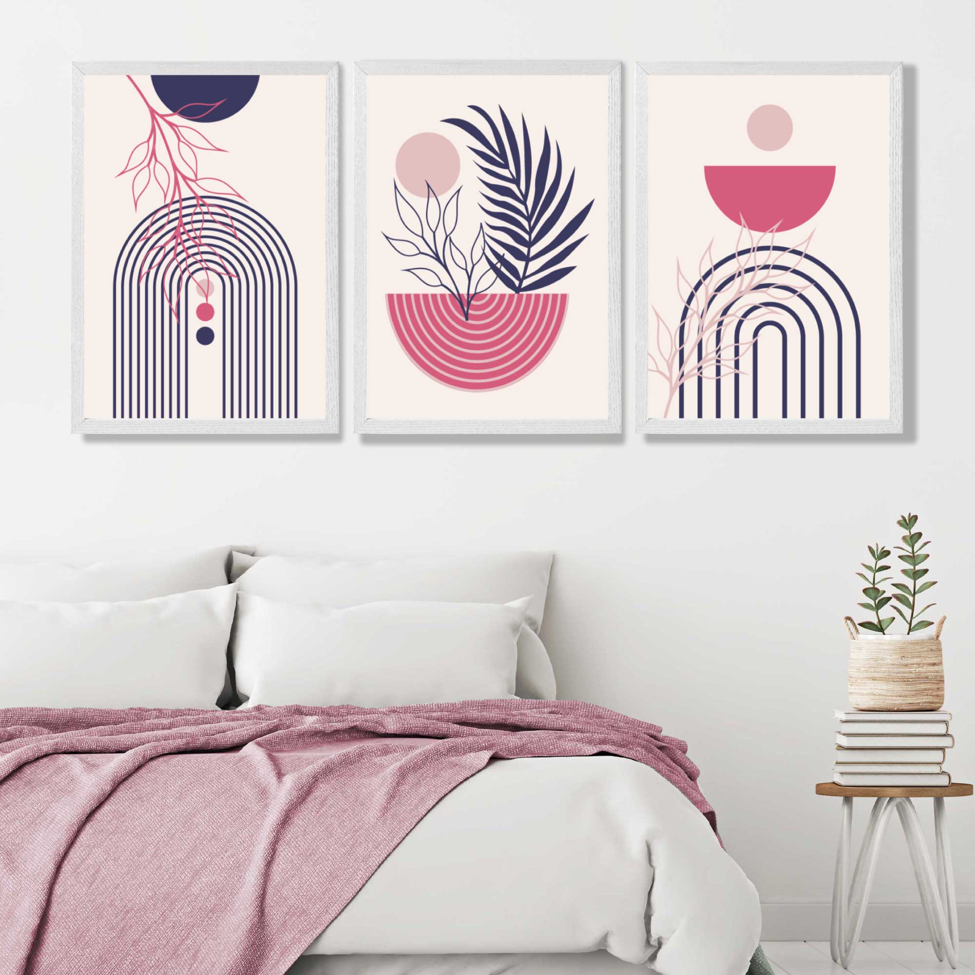 Set of 3 Boho Floral Geometric Purple and Pink Art Prints in White Frames | Artze UK