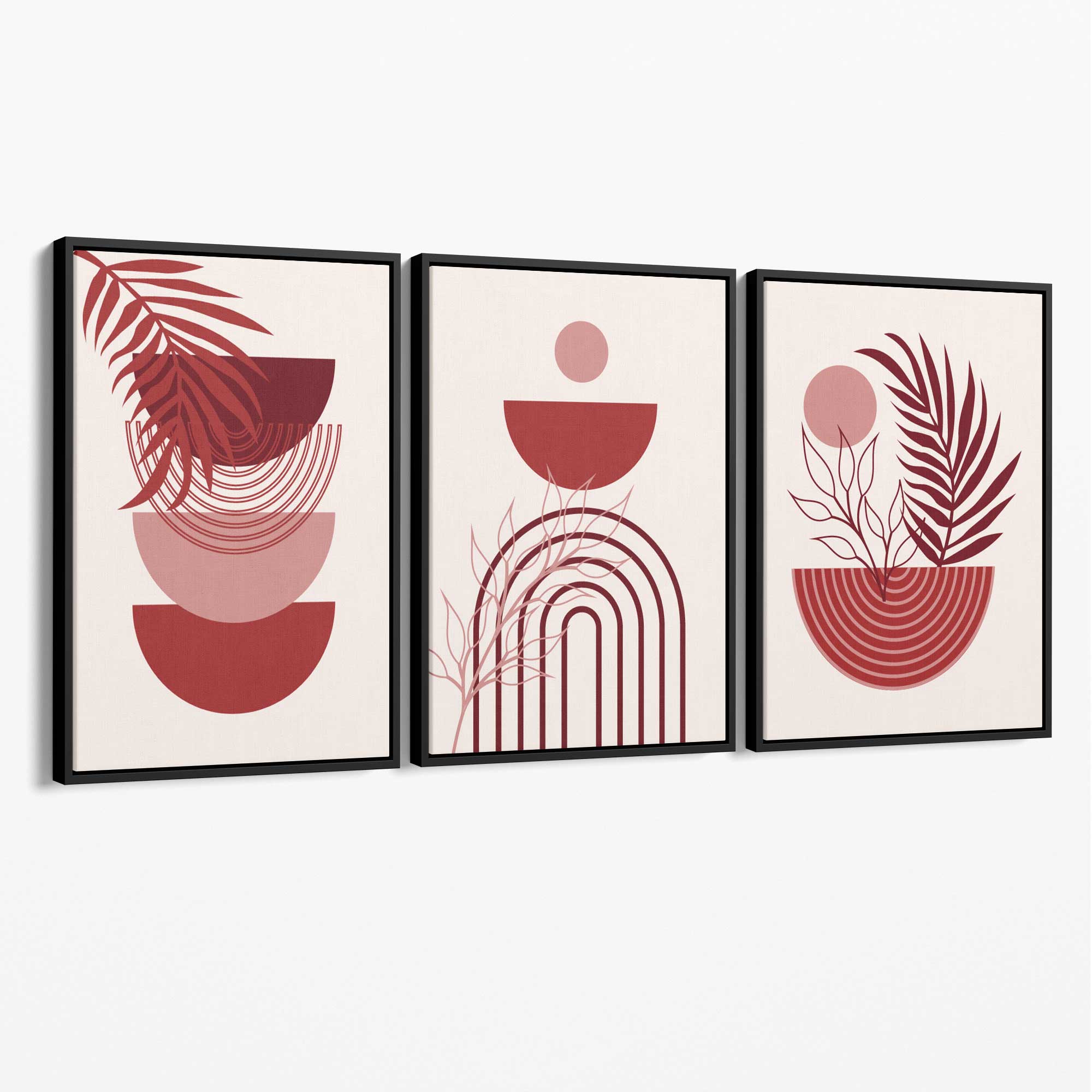 Set of 3 Boho Floral Geometric Red and Pink Canvas Art Prints with Black Float Frame