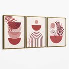 Set of 3 Boho Floral Geometric Red and Pink Canvas Art Prints with Gold Float Frame