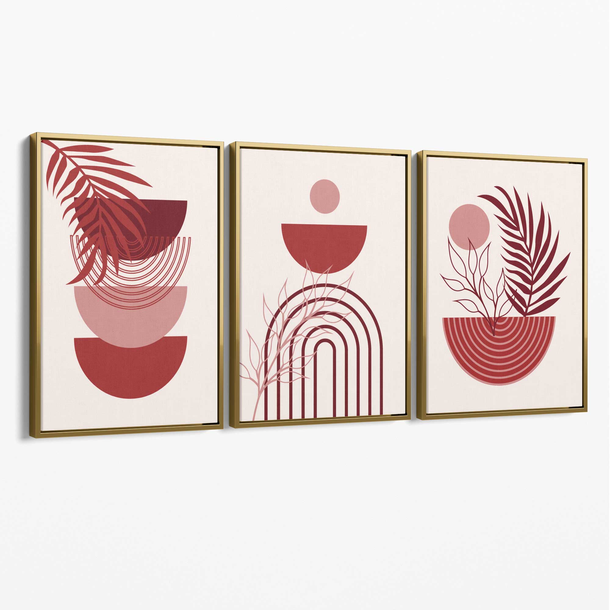 Set of 3 Boho Floral Geometric Red and Pink Canvas Art Prints with Gold Float Frame