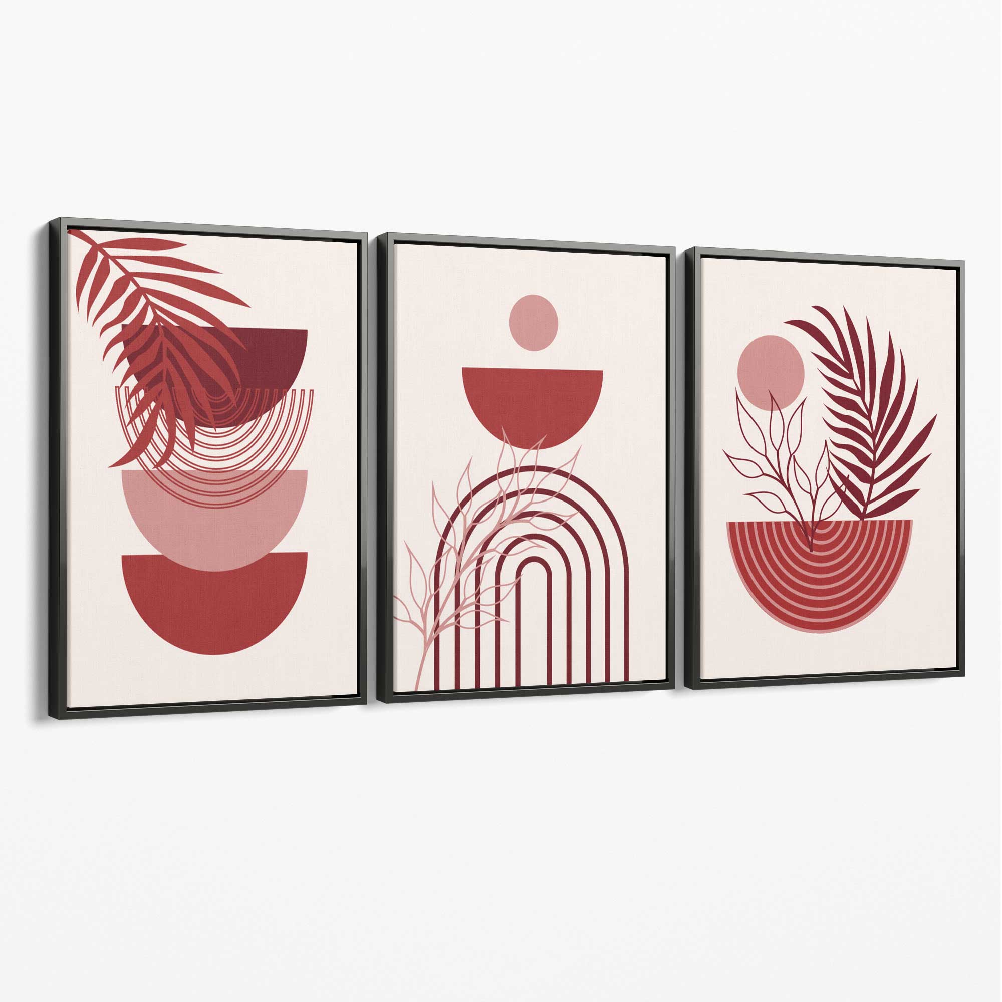 Set of 3 Boho Floral Geometric Red and Pink Canvas Art Prints with Grey Float Frame