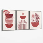 Set of 3 Boho Floral Geometric Red and Pink Canvas Art Prints with Silver Float Frame