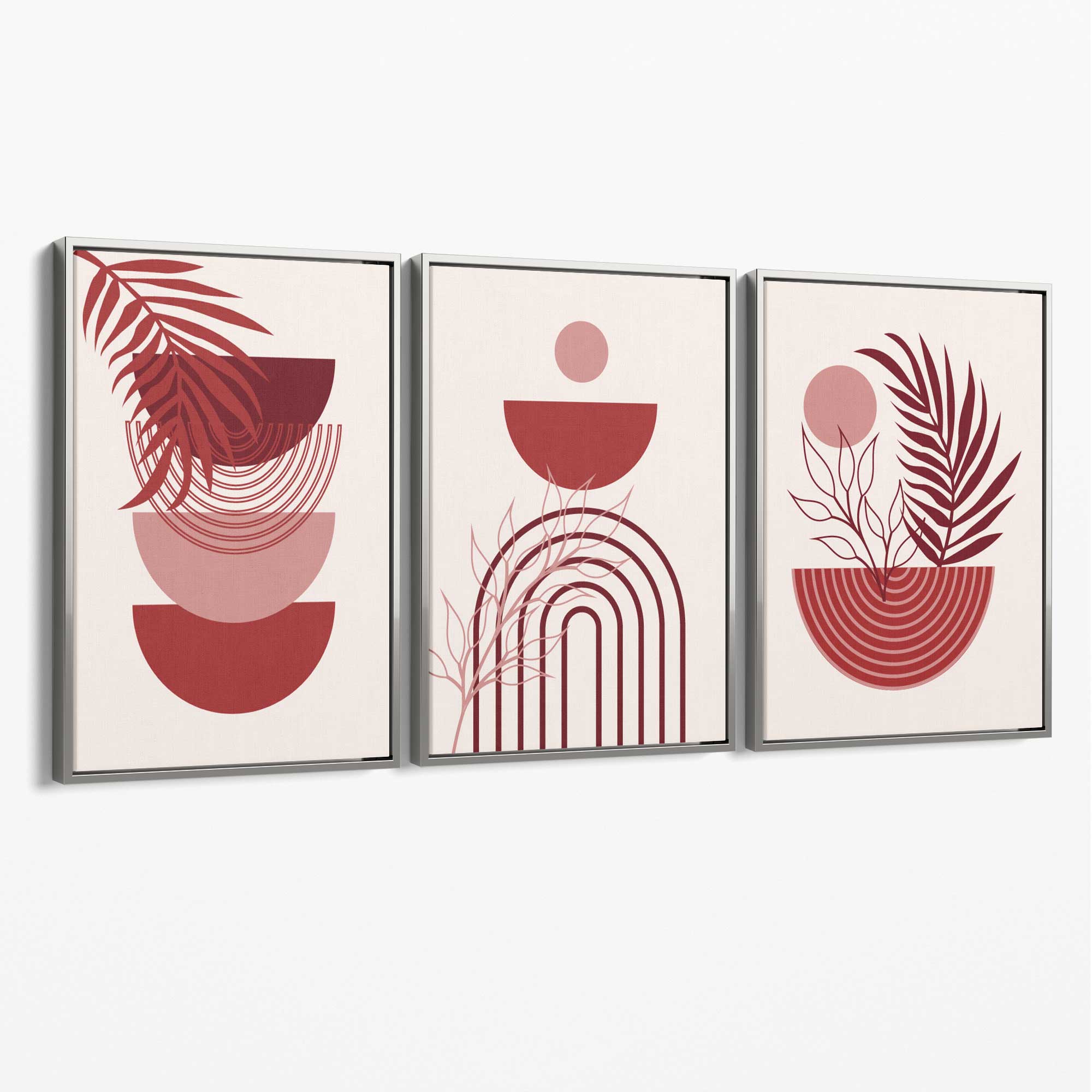 Set of 3 Boho Floral Geometric Red and Pink Canvas Art Prints with Silver Float Frame
