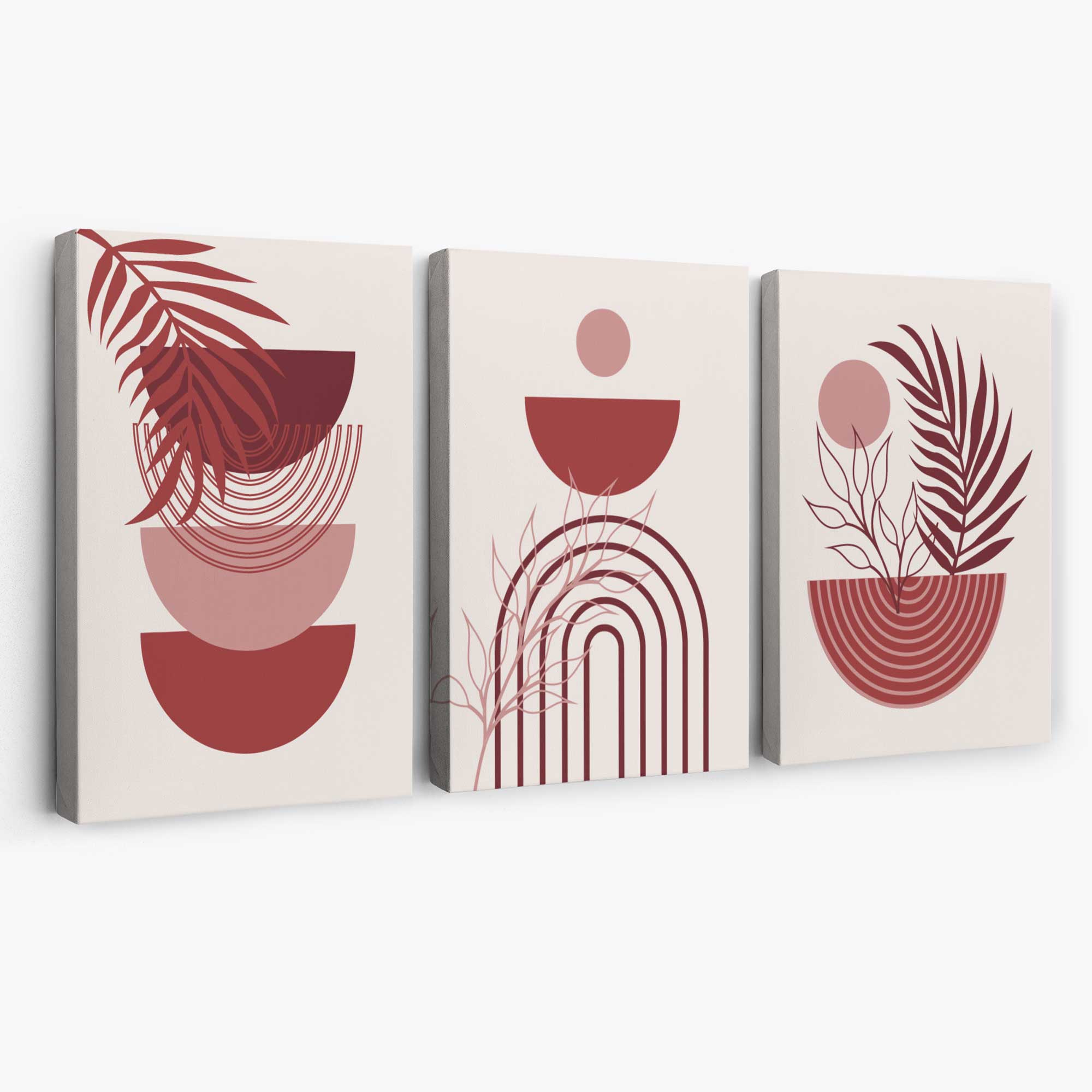 Set of 3 Boho Floral Geometric Red and Pink Canvas Art Prints | Artze Wall Art