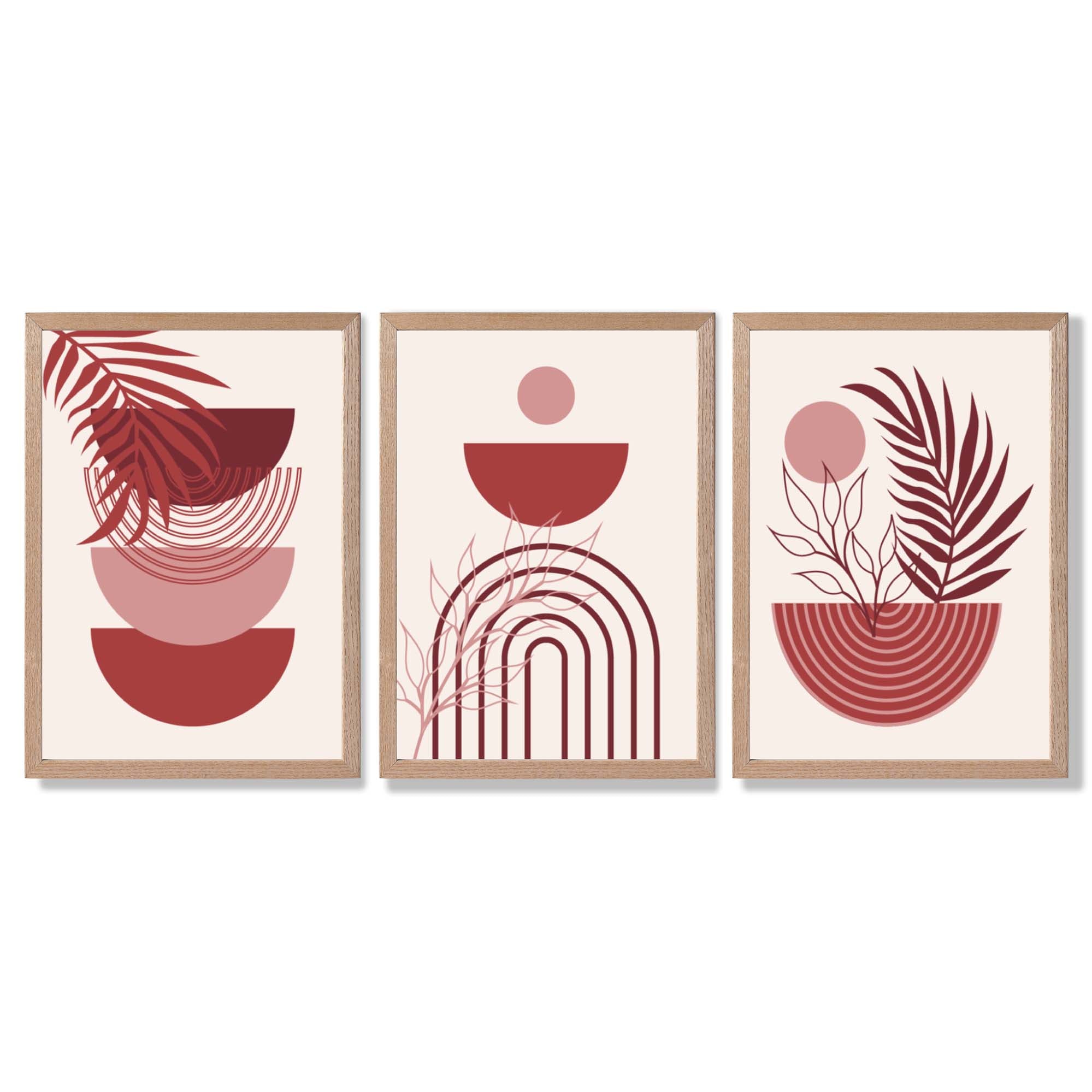 Set of 3 Boho Floral Geometric Red and Pink Framed Art Prints with Light Oak Frames