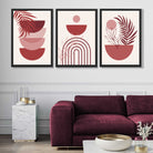 Set of 3 Boho Floral Geometric Red and Pink Art Prints in Black Frames | Artze UK