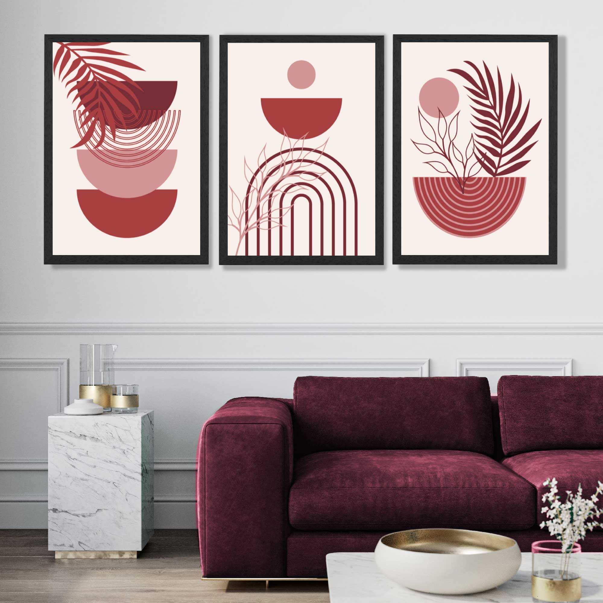 Set of 3 Boho Floral Geometric Red and Pink Art Prints in Black Frames | Artze UK