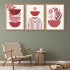 Set of 3 Boho Floral Geometric Red and Pink Art Prints in Oak Frames | Artze UK