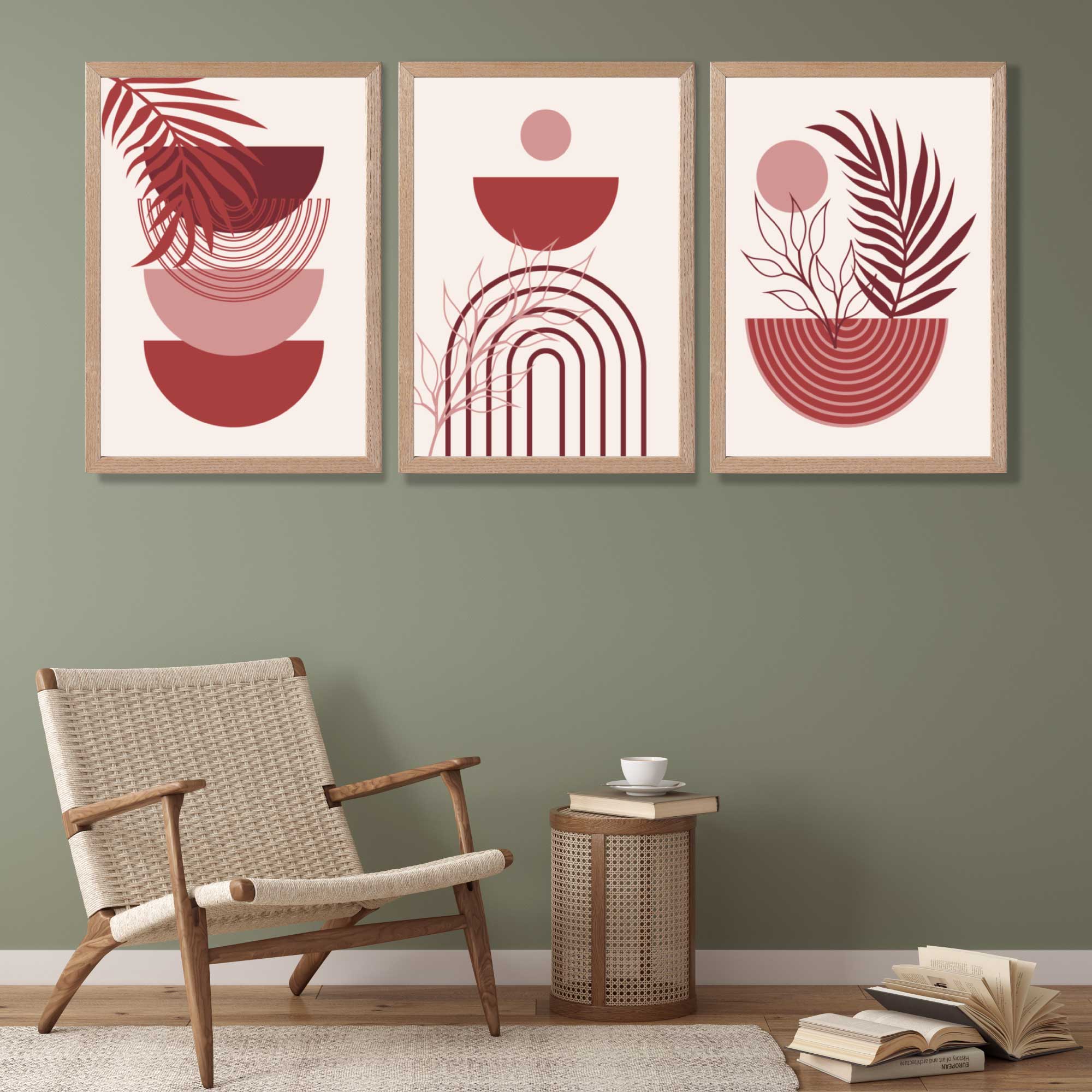 Set of 3 Boho Floral Geometric Red and Pink Art Prints in Oak Frames | Artze UK