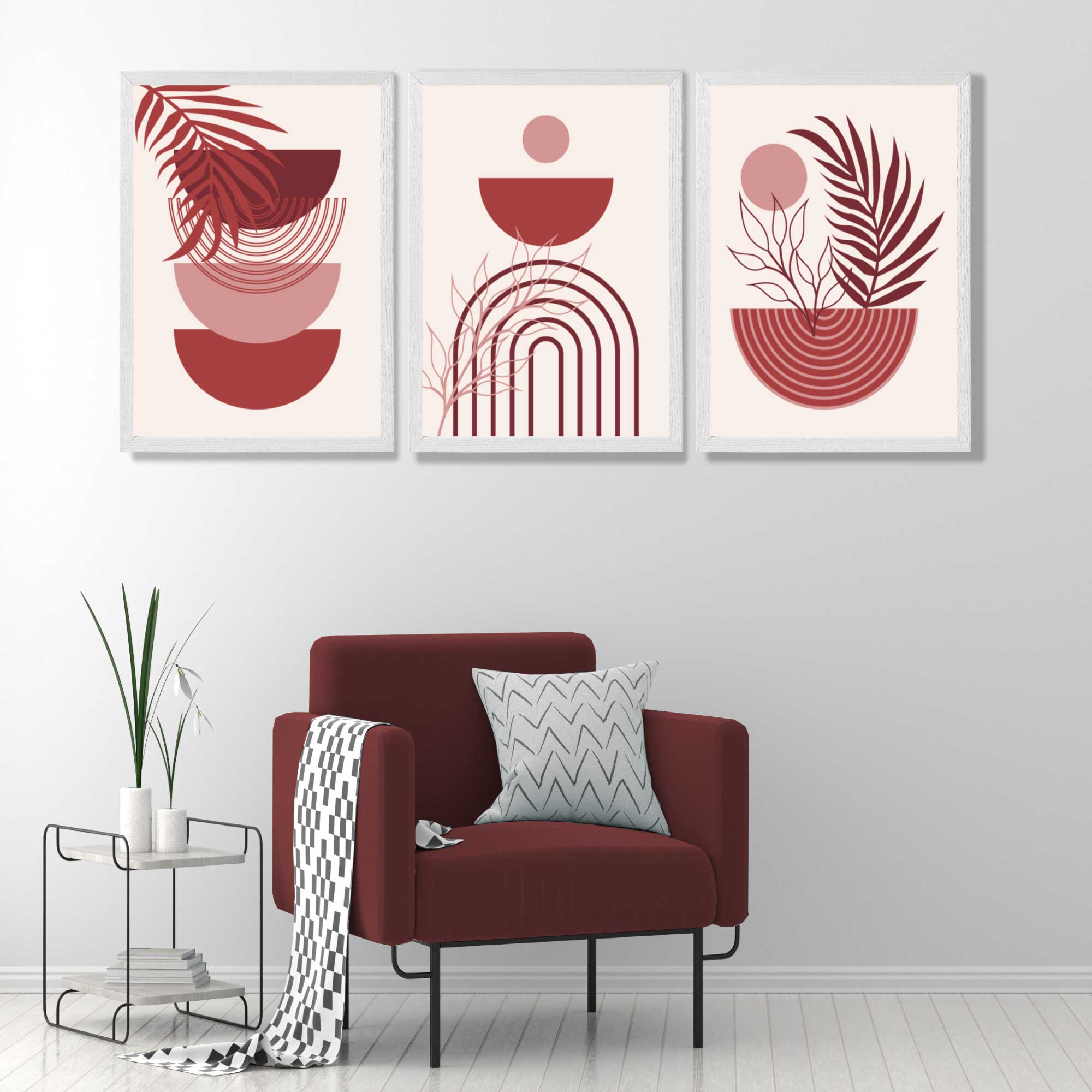 Set of 3 Boho Floral Geometric Red and Pink Art Prints in White Frames | Artze UK