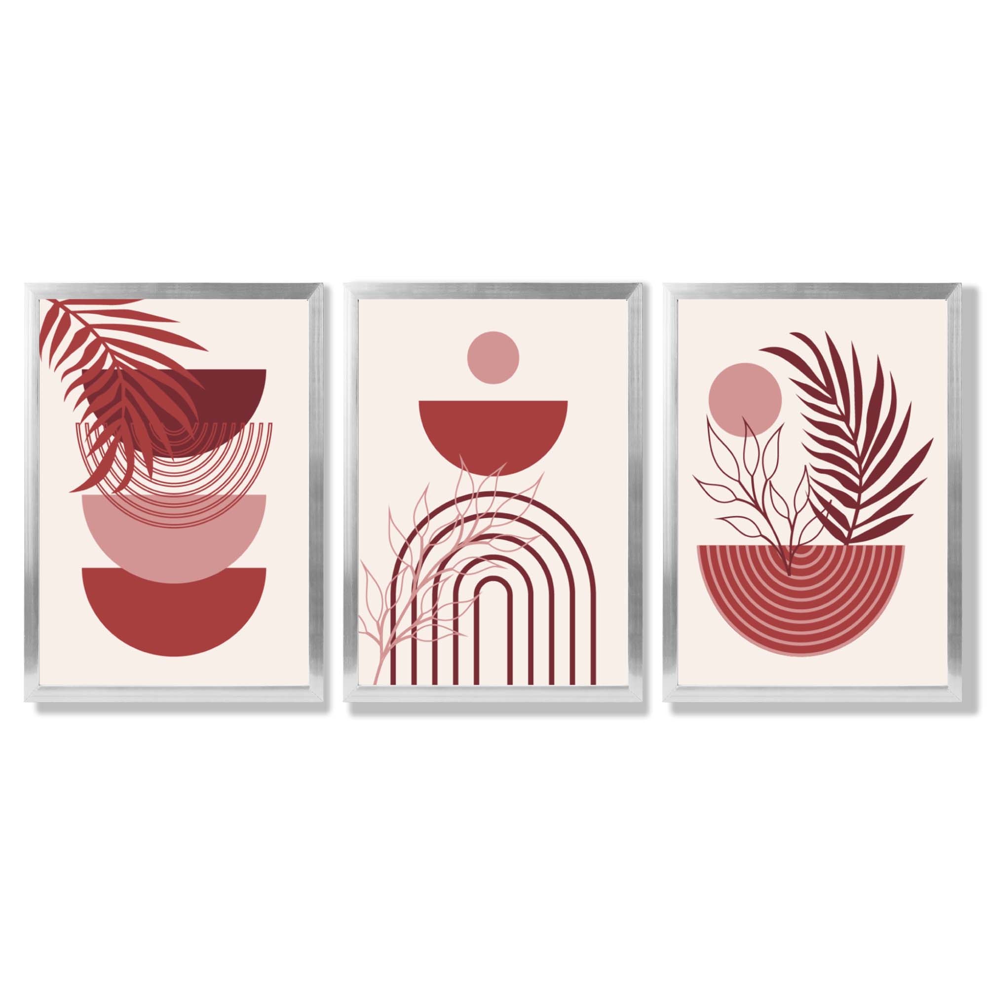 Set of 3 Boho Floral Geometric Red and Pink Framed Art Prints with Silver Wood Frames