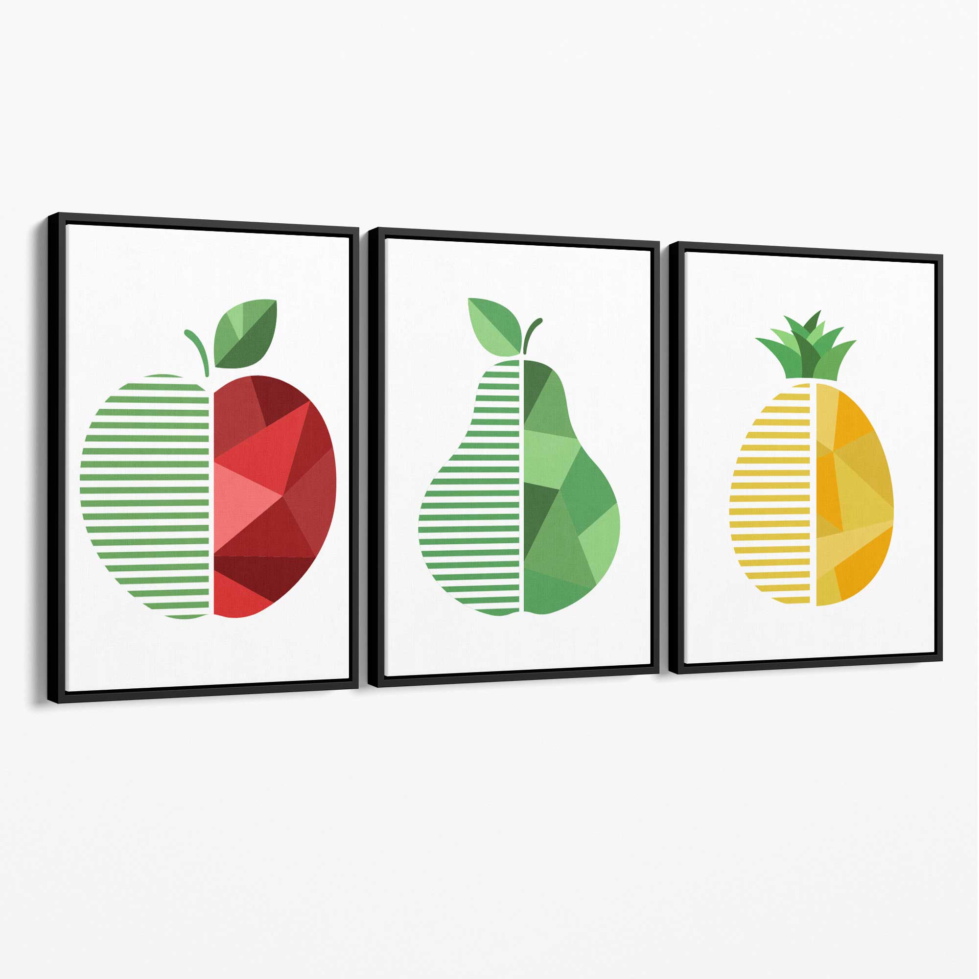 Set of 3 Geometric Red Yellow and Green Fruit Canvas Art Prints with Black Float Frame