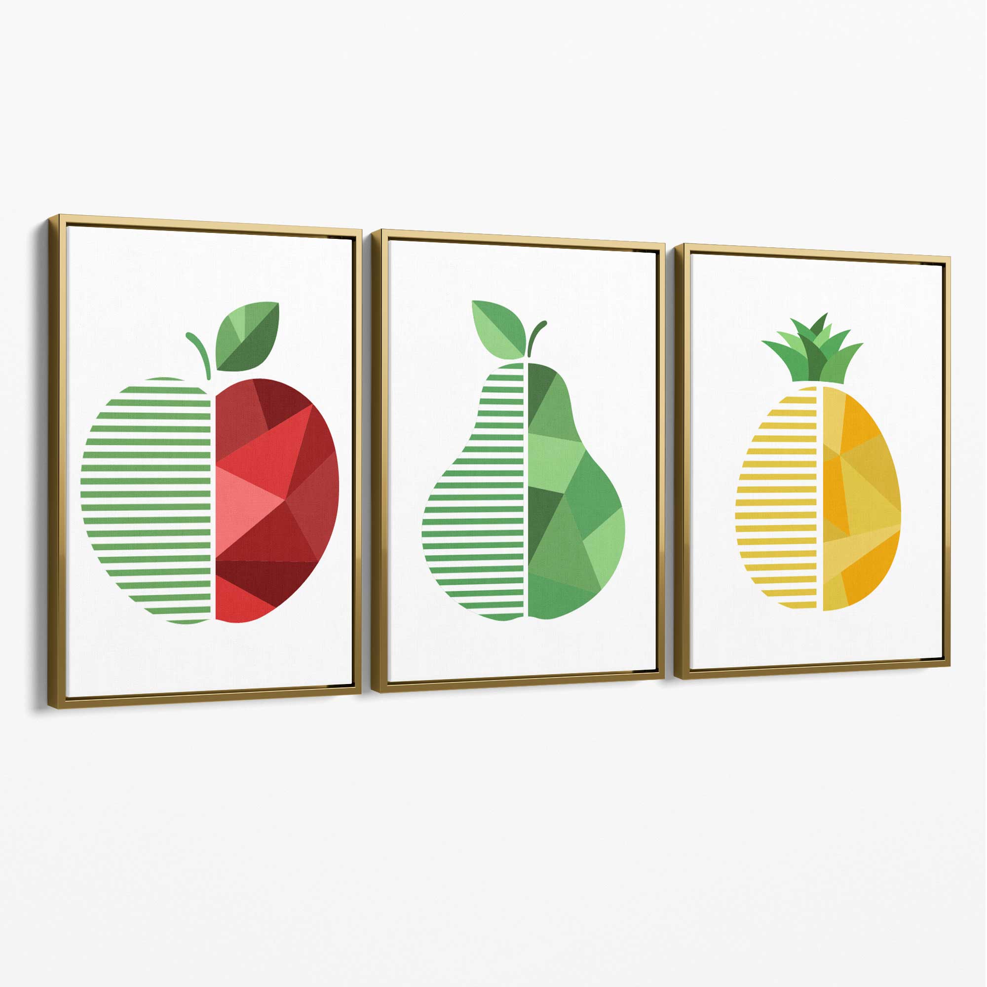 Set of 3 Geometric Red Yellow and Green Fruit Canvas Art Prints with Gold Float Frame