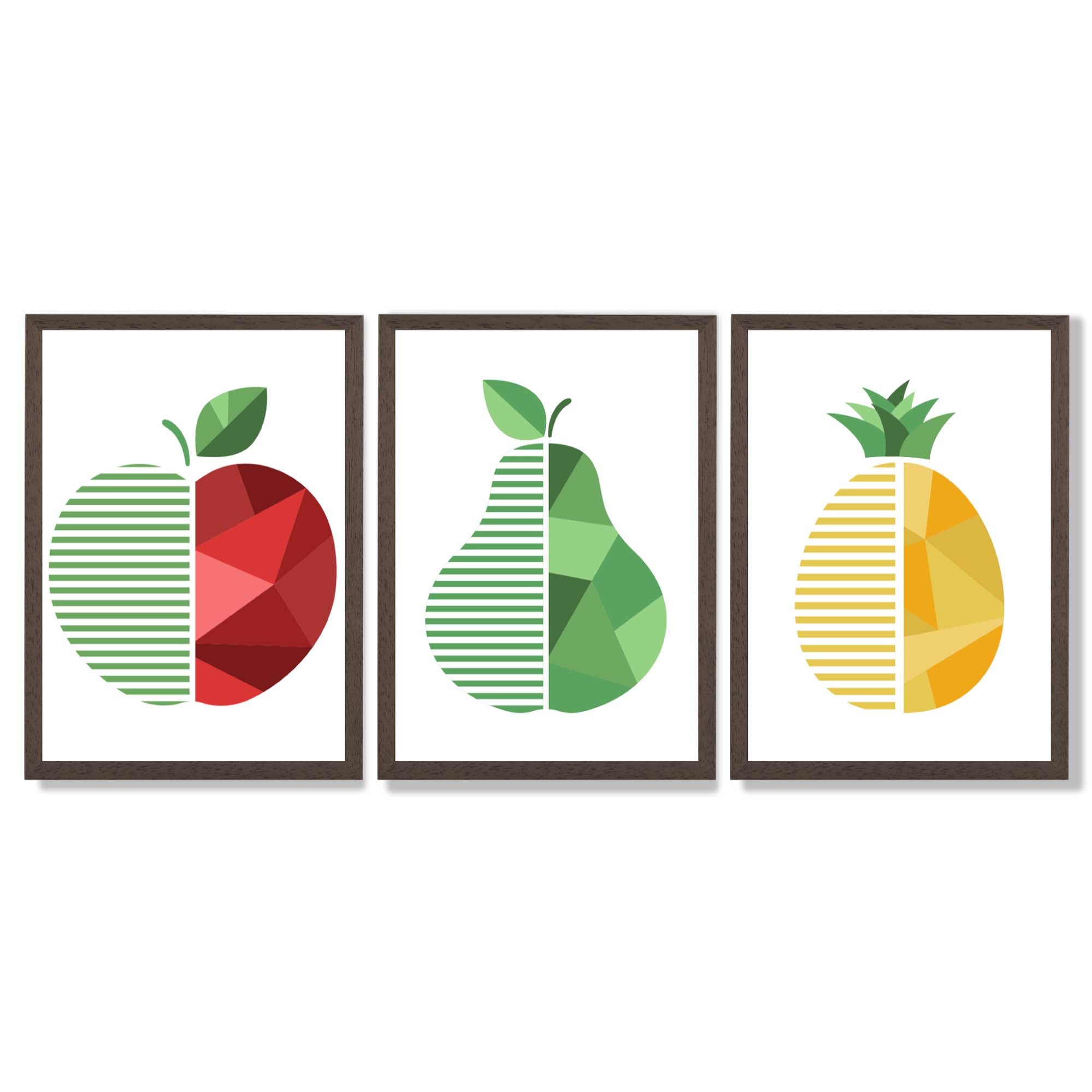 Set of 3 Geometric Red Yellow and Green Fruit Framed Art Prints with Dark Wood Frames