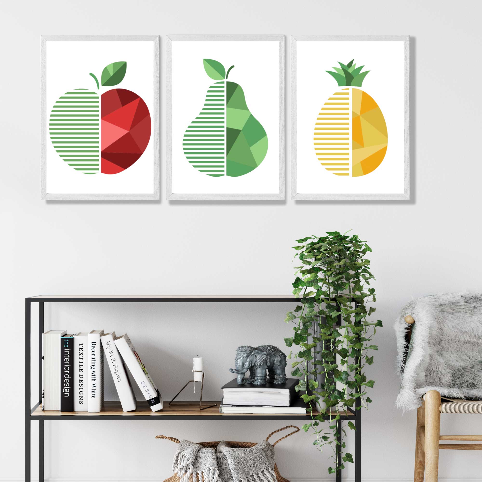 Set of 3 Geometric Red Yellow and Green Fruit Art Prints in White Frames | Artze UK