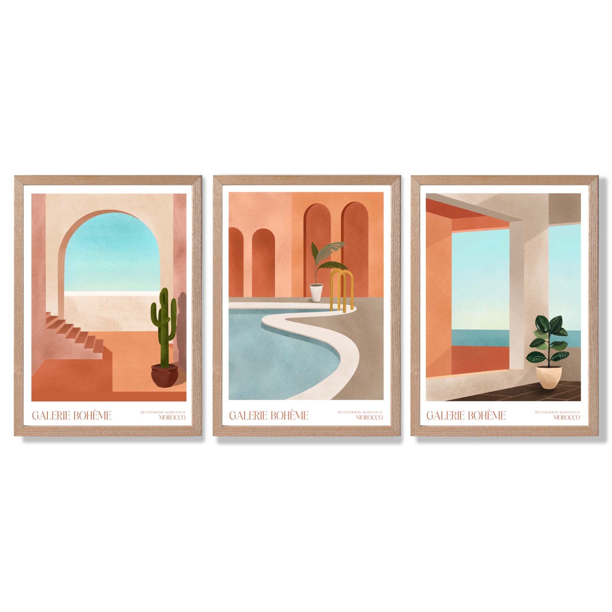 Set of 3 Boho Architecture of Morocco Framed Art Prints with Light Oak Frames