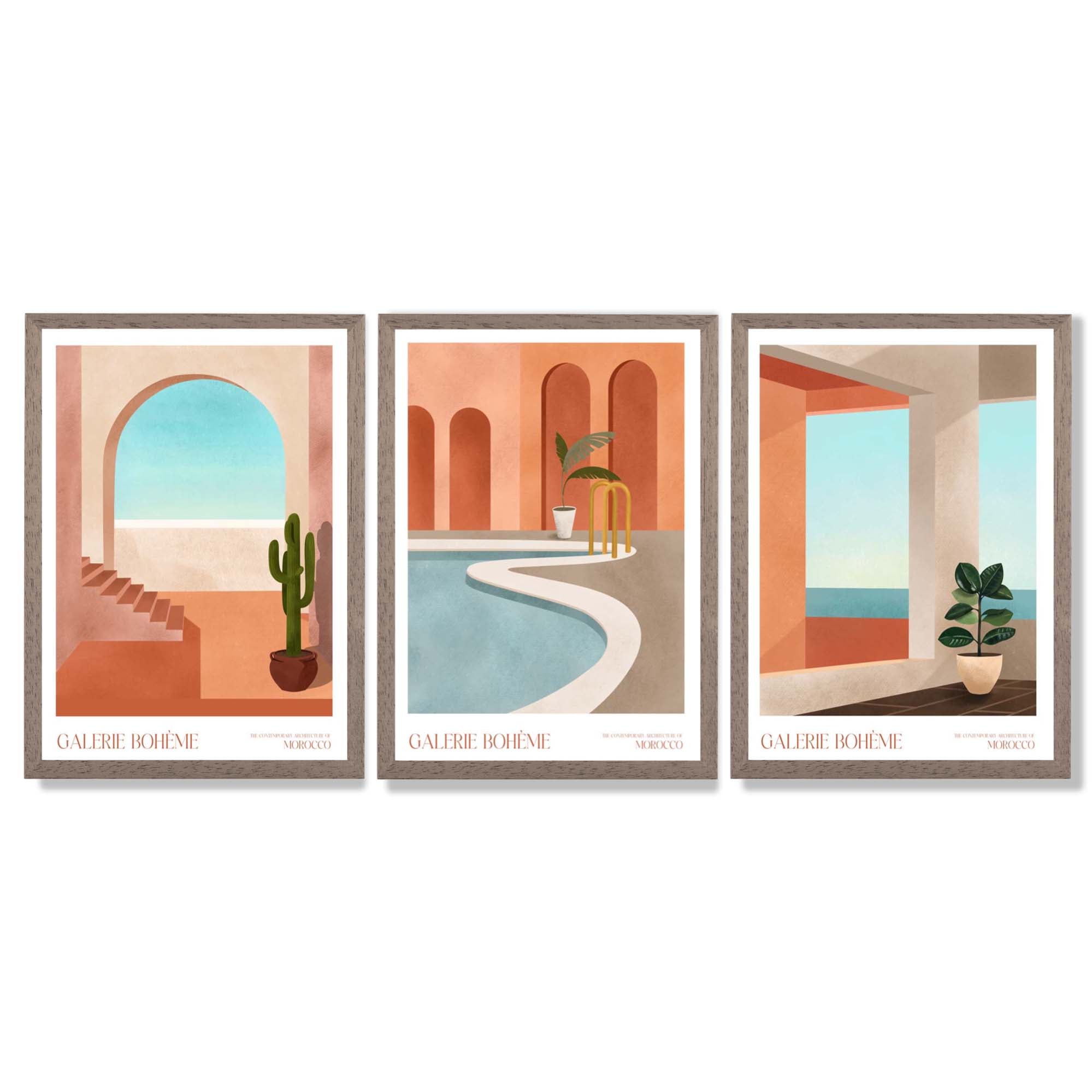 Set of 3 Boho Architecture of Morocco Framed Art Prints with Light Walnut Frames