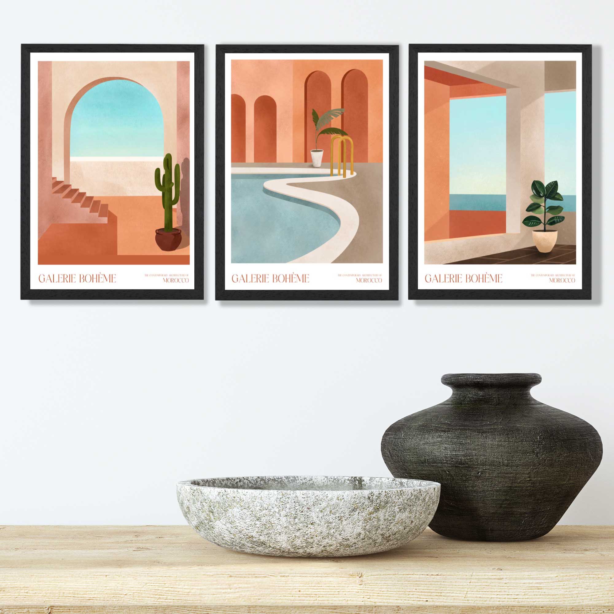 Set of 3 Boho Architecture of Morocco Art Prints in Black Frames | Artze UK