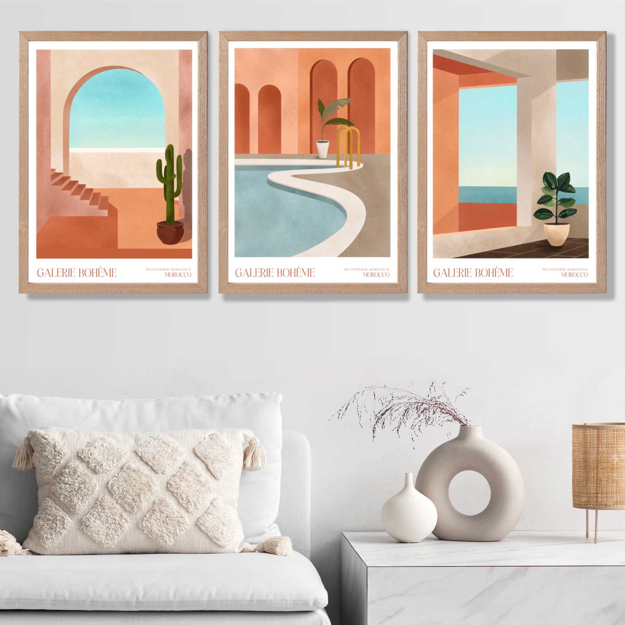 Set of 3 Boho Architecture of Morocco Art Prints in Oak Frames | Artze UK