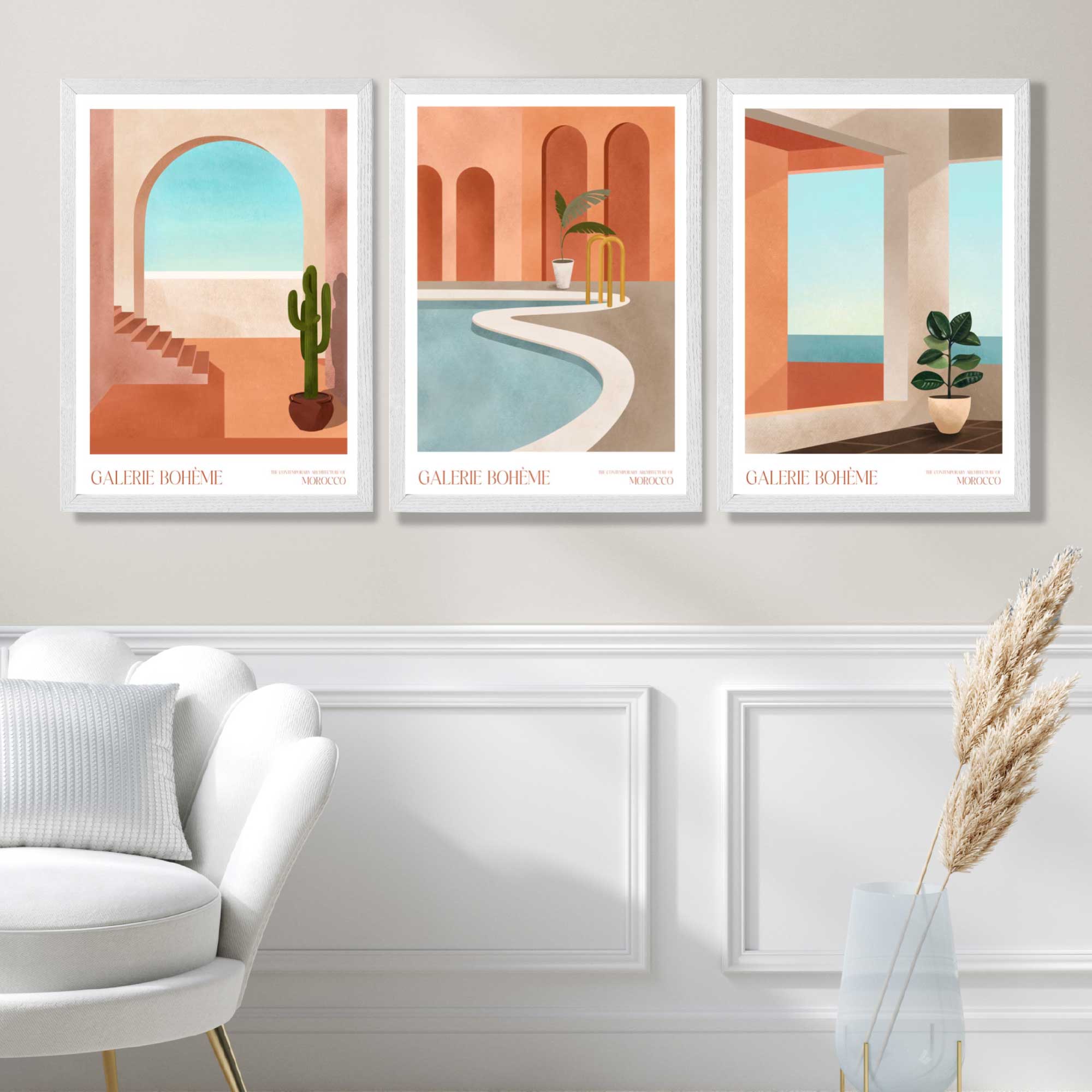 Set of 3 Boho Architecture of Morocco Art Prints in White Frames | Artze UK