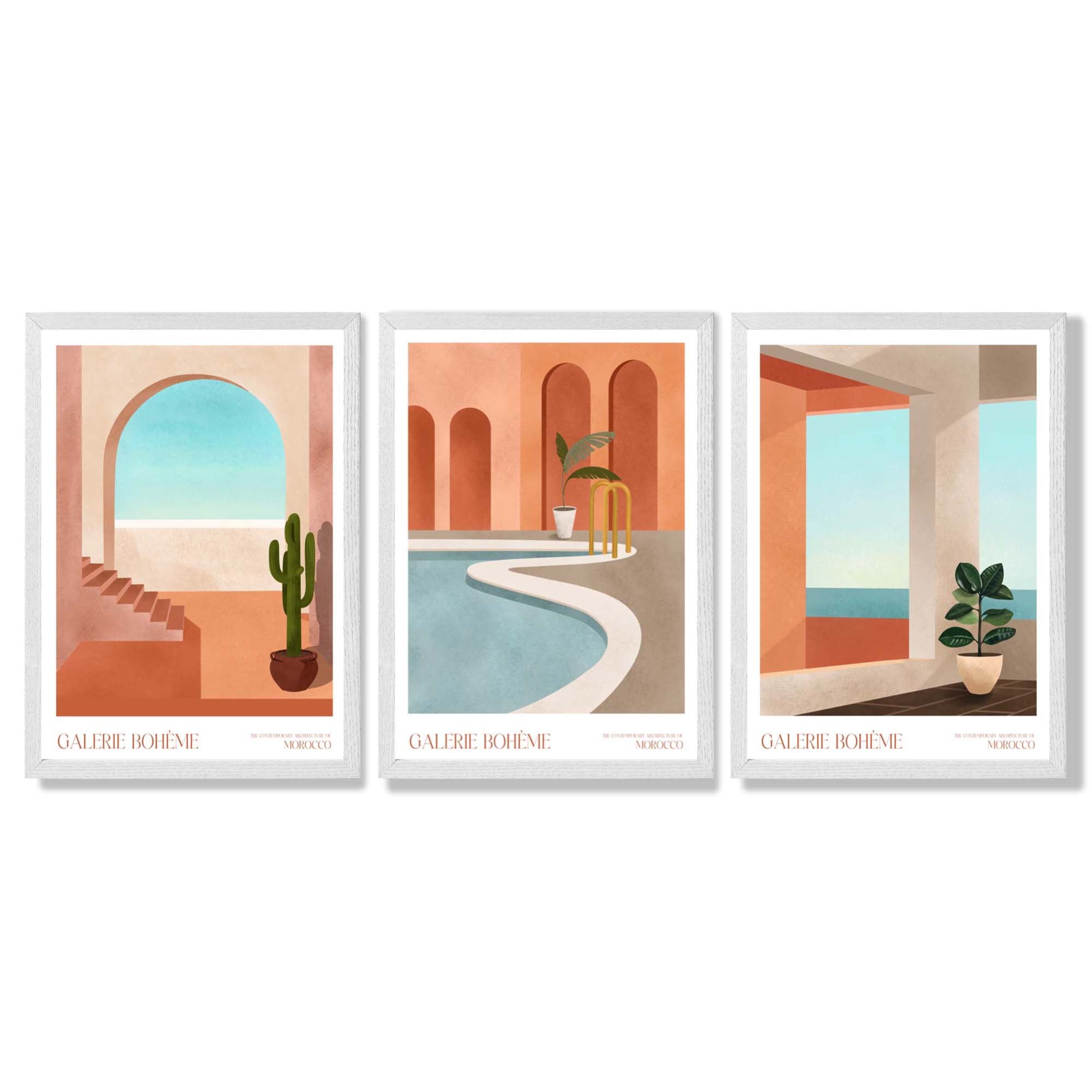Set of 3 Boho Architecture of Morocco Framed Art Prints with White Wooden Frames