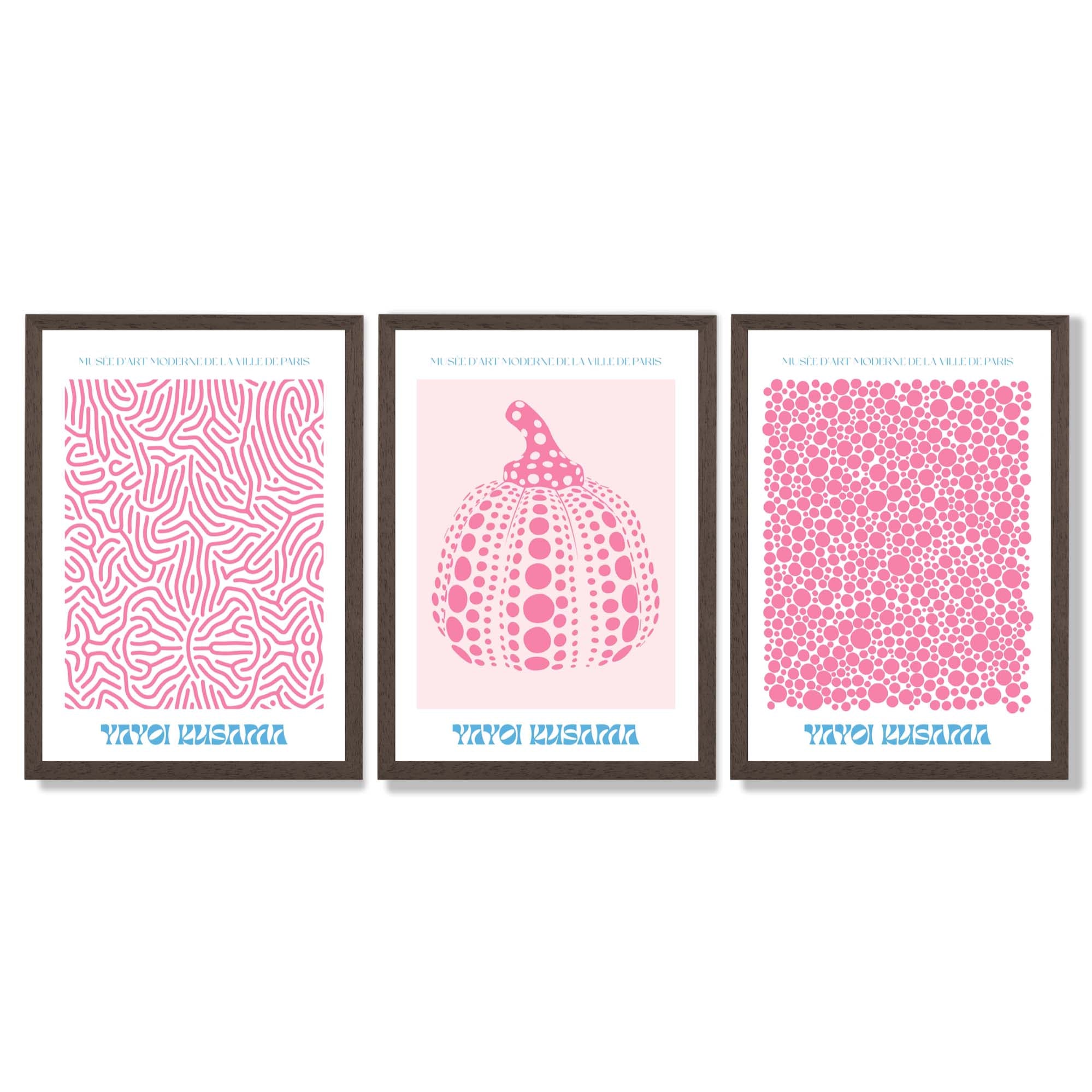 Yayoi Kusama Infinity in Pink Set of 3 Framed Art Prints with Dark Wood Frames