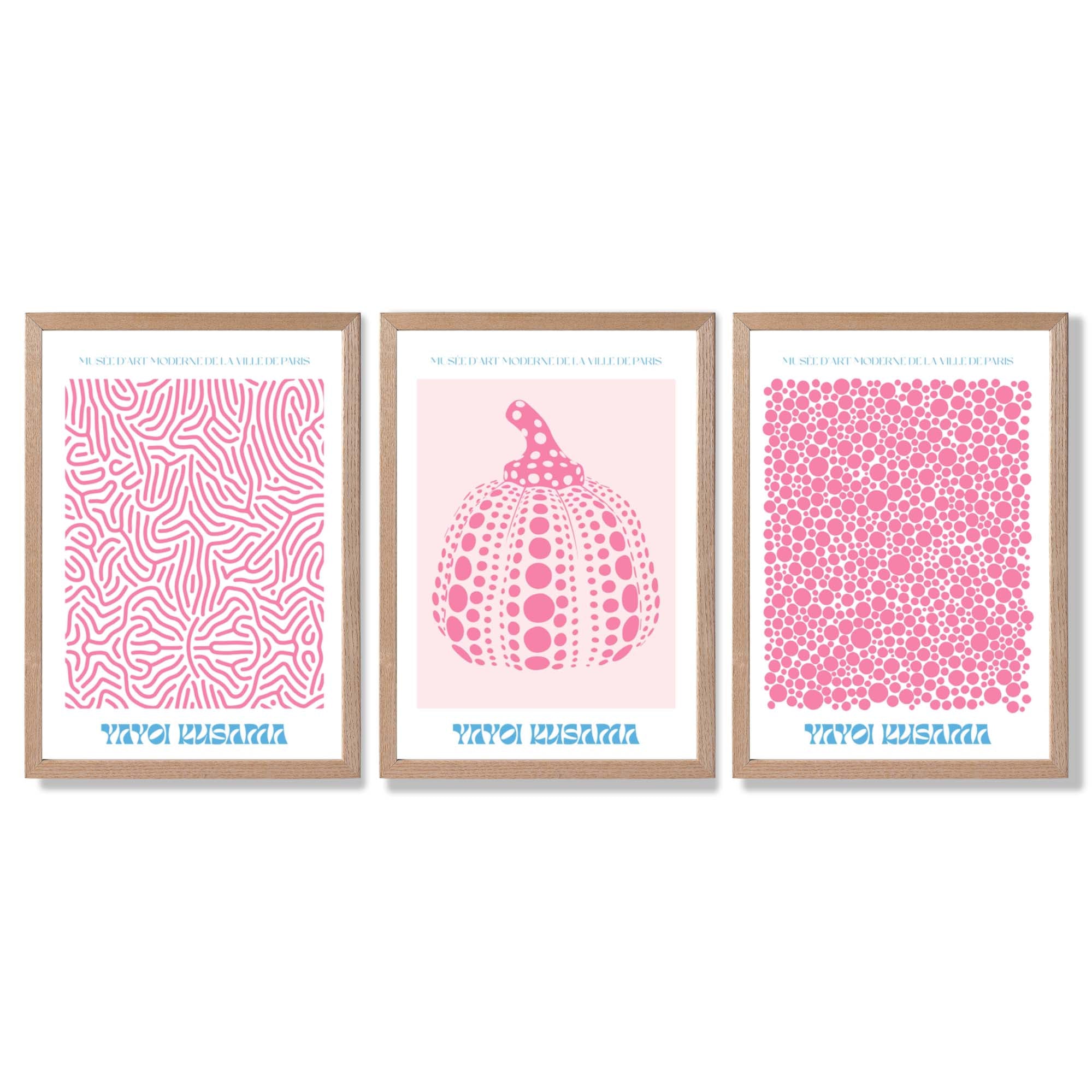 Yayoi Kusama Infinity in Pink Set of 3 Framed Art Prints with Light Oak Frames
