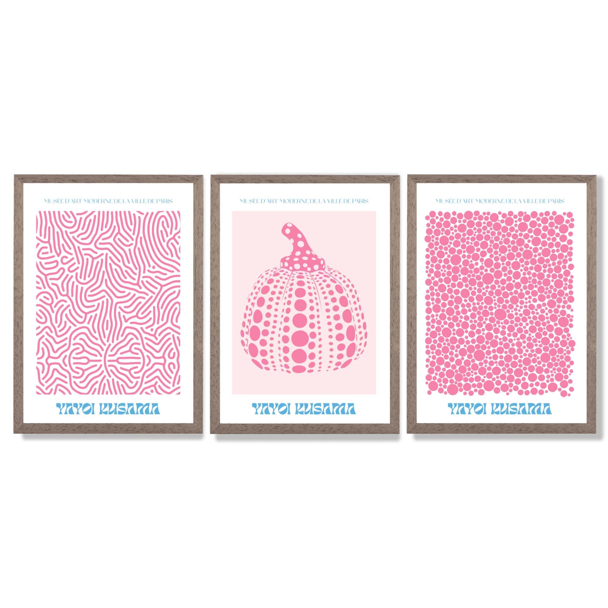 Yayoi Kusama Infinity in Pink Set of 3 Framed Art Prints with Light Walnut Frames
