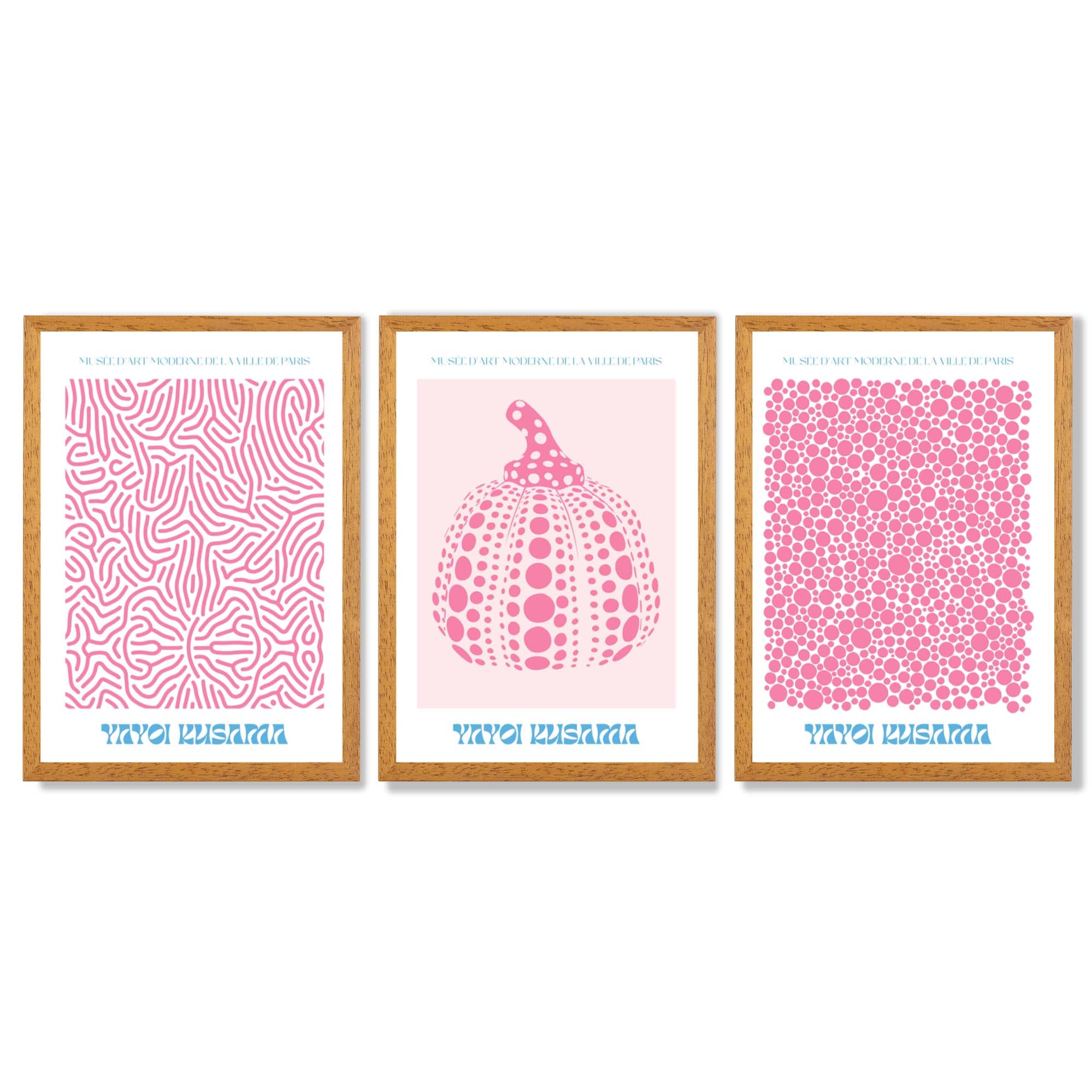Yayoi Kusama Infinity in Pink Set of 3 Framed Art Prints with Oak Wooden Frames