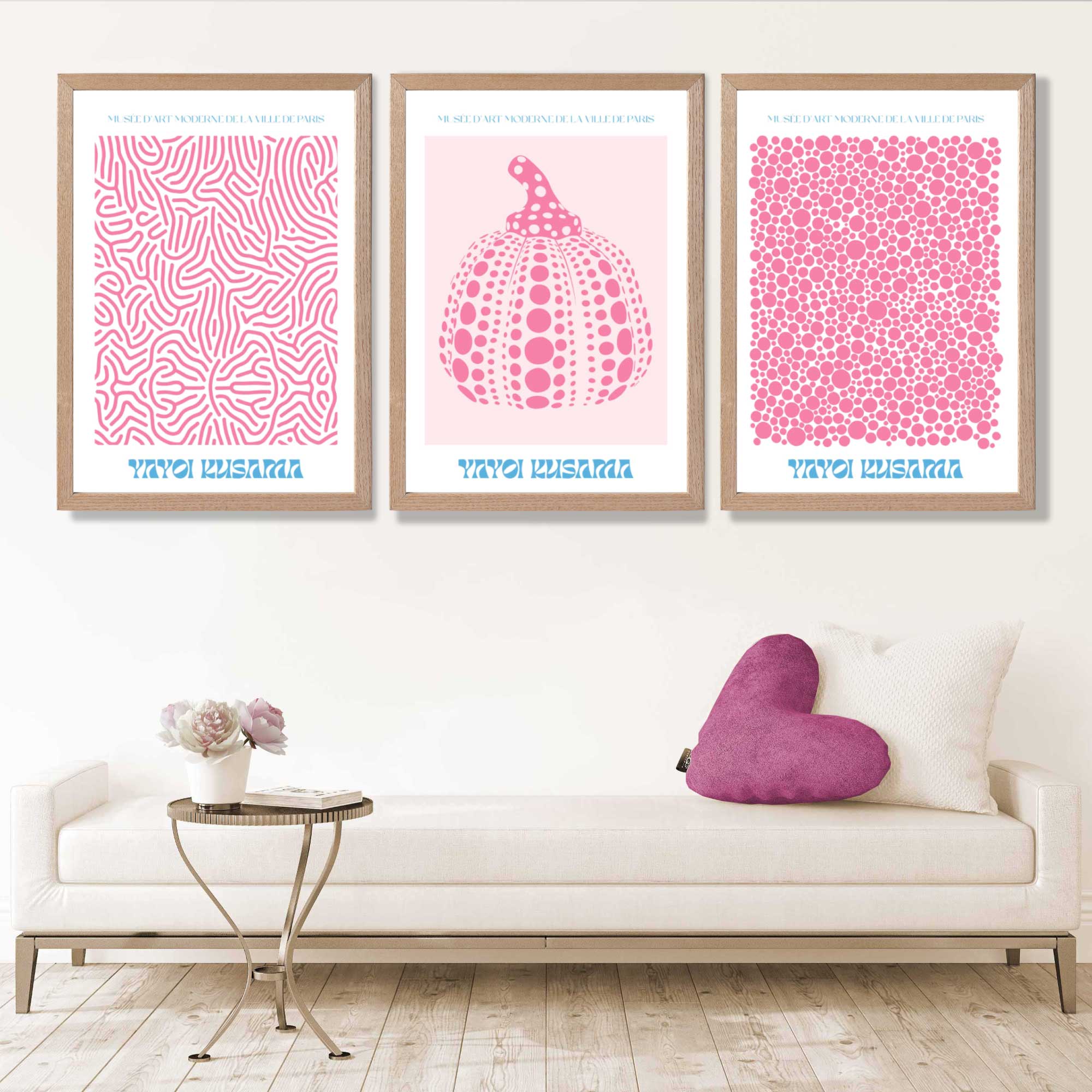 Yayoi Kusama Infinity in Pink Set of 3 Art Prints in Oak Frames | Artze UK