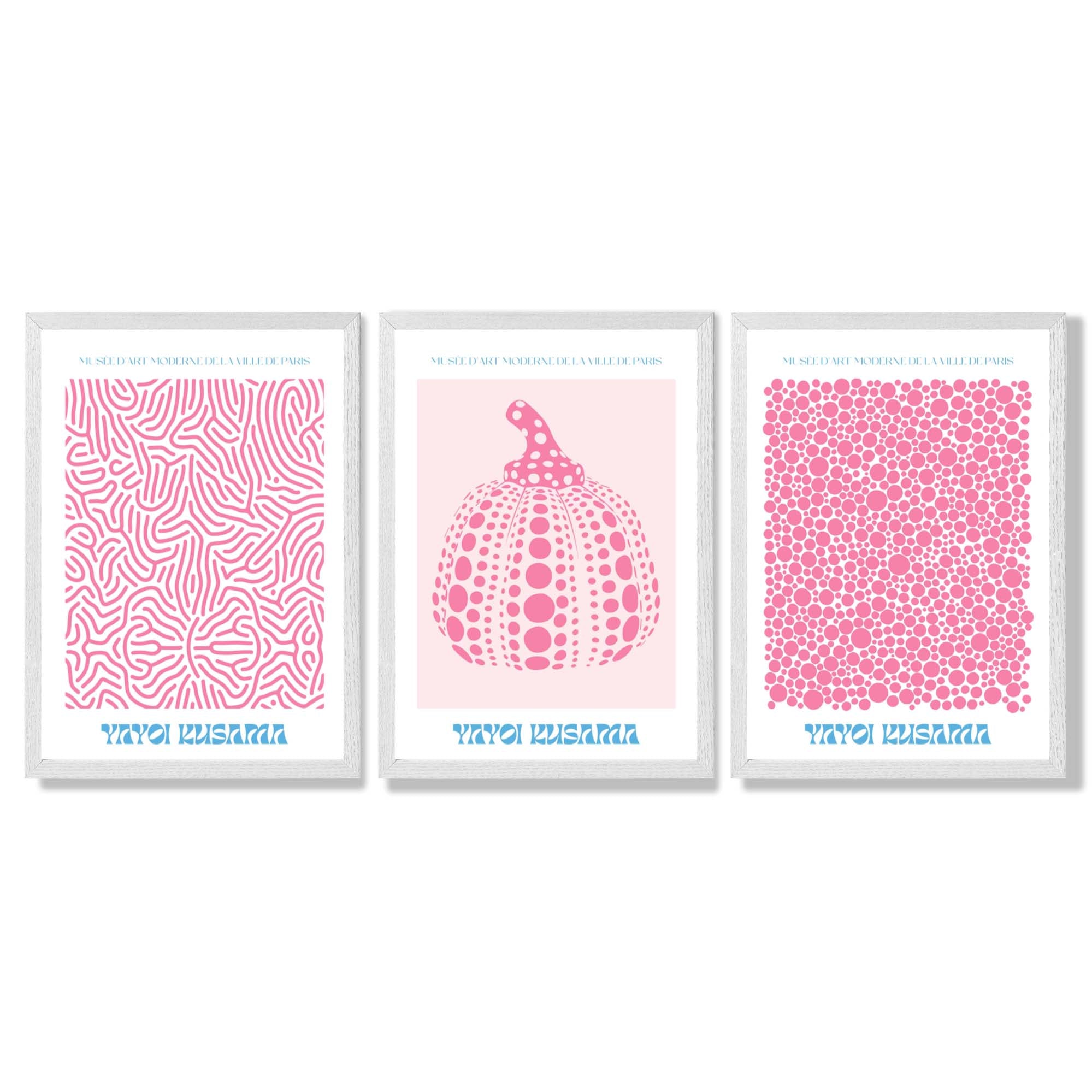 Yayoi Kusama Infinity in Pink Set of 3 Framed Art Prints with White Wooden Frames