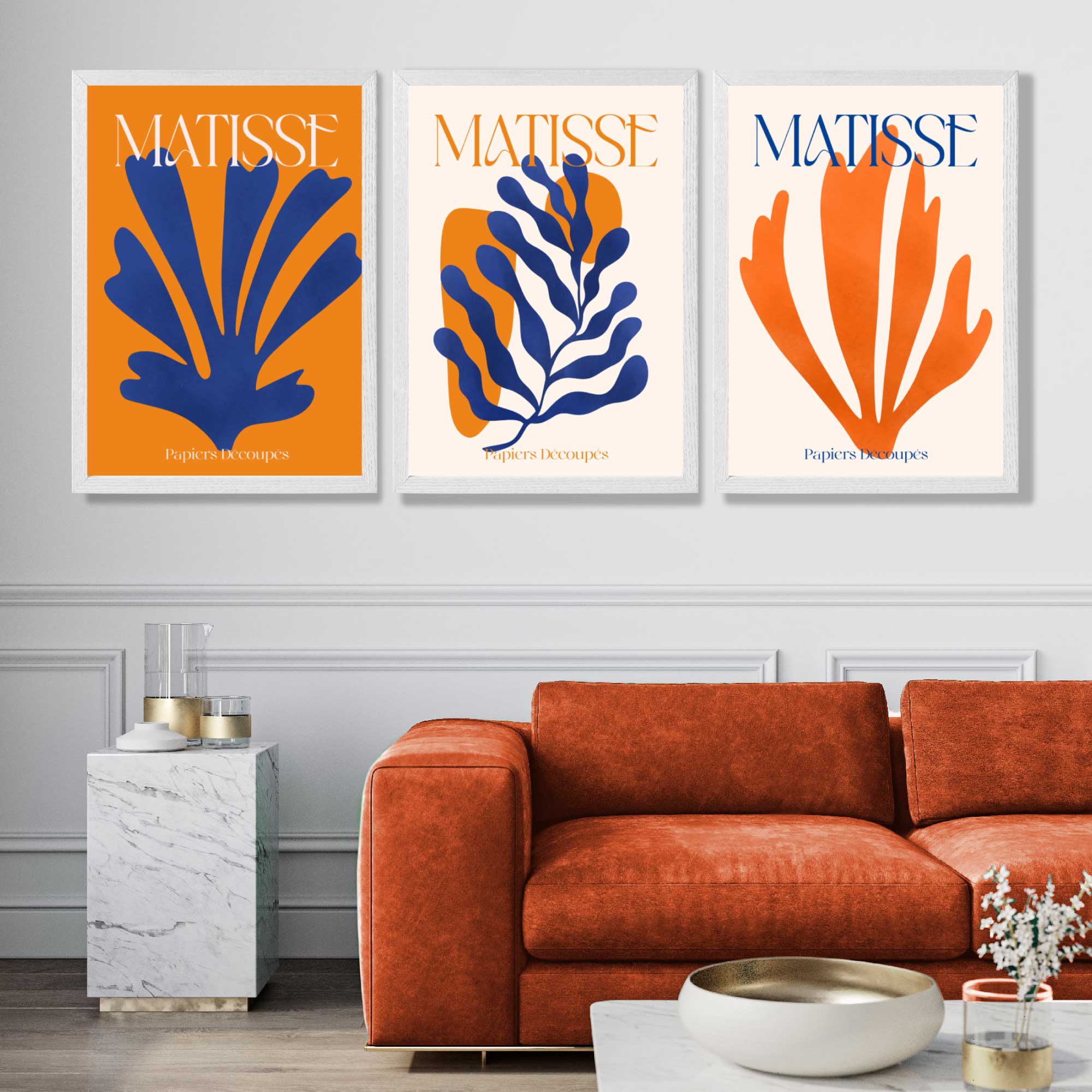 Matisse Orange and Blue Floral Cut Out Art Prints in White Frames | Artze UK