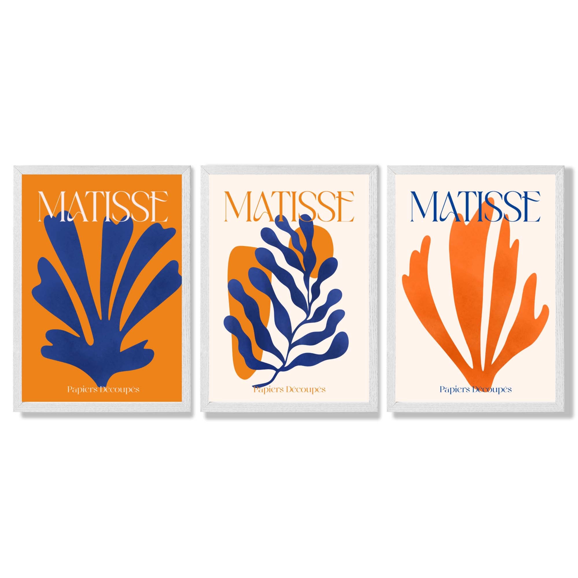 Matisse Orange and Blue Floral Cut Out Framed Art Prints with White Wooden Frames