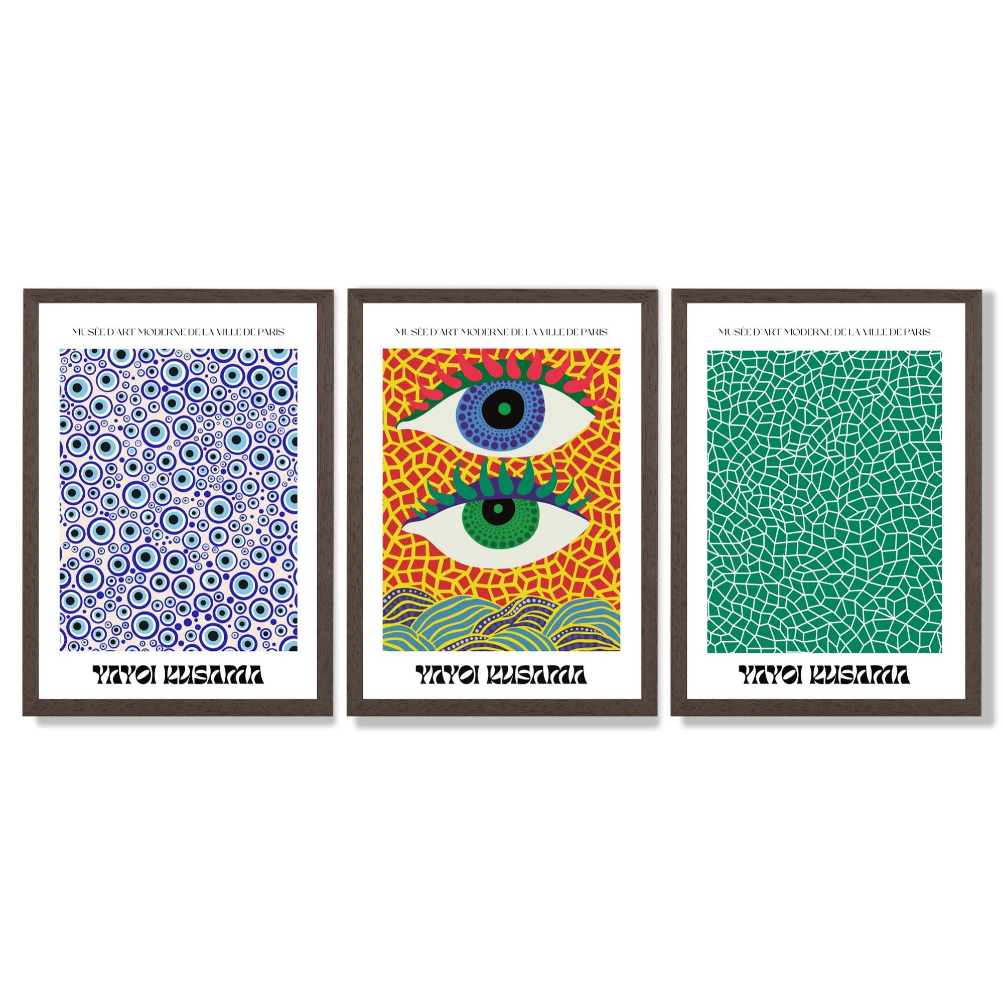 Yayoi Kusama Ocean Eyes in Blue and Green Framed Art Prints with Dark Wood Frames