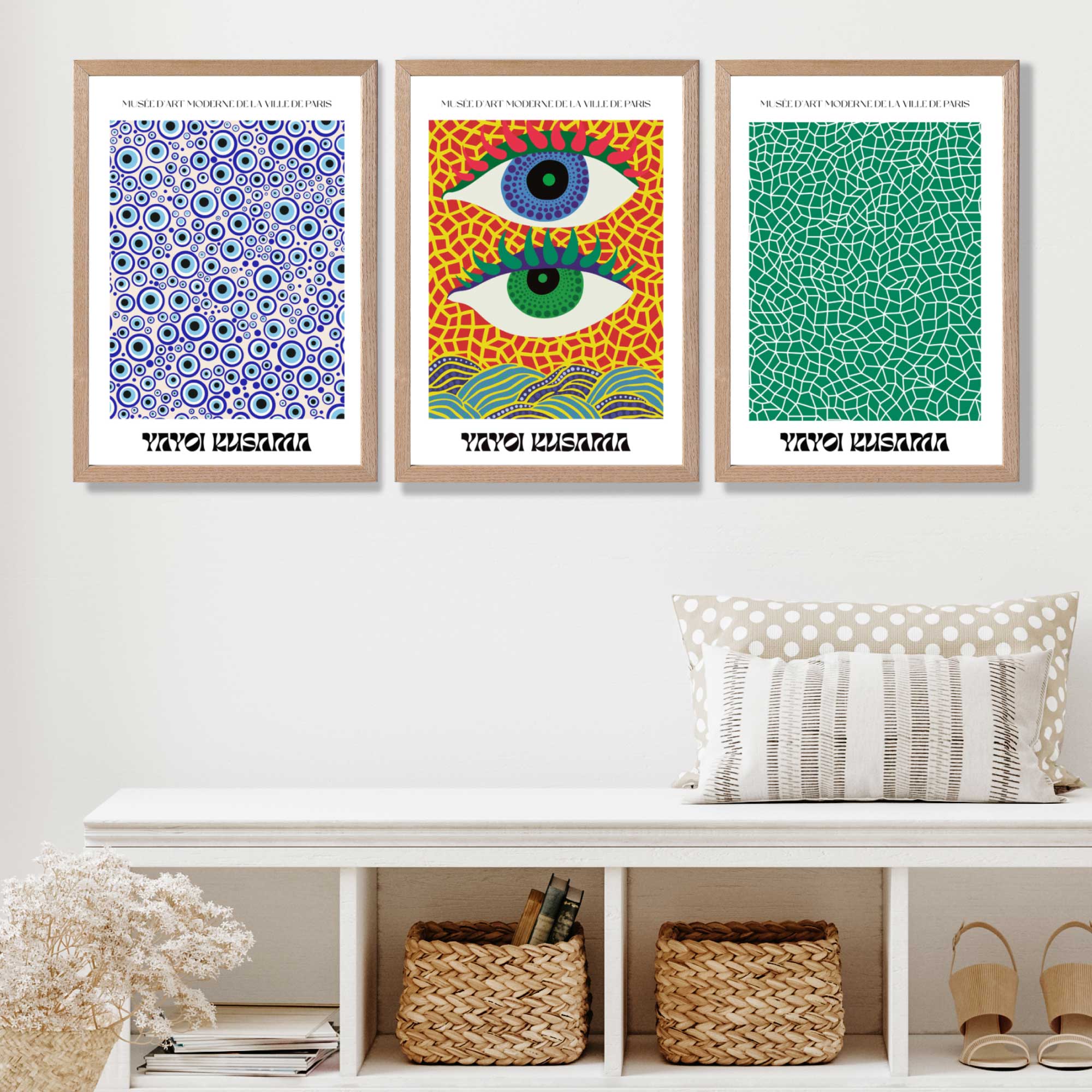 Yayoi Kusama Ocean Eyes in Blue and Green Art Prints in Oak Frames | Artze UK