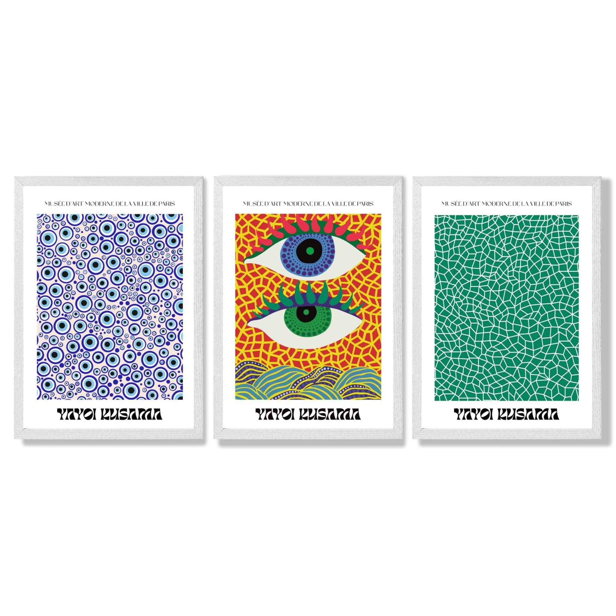 Yayoi Kusama Ocean Eyes in Blue and Green Framed Art Prints with White Wooden Frames