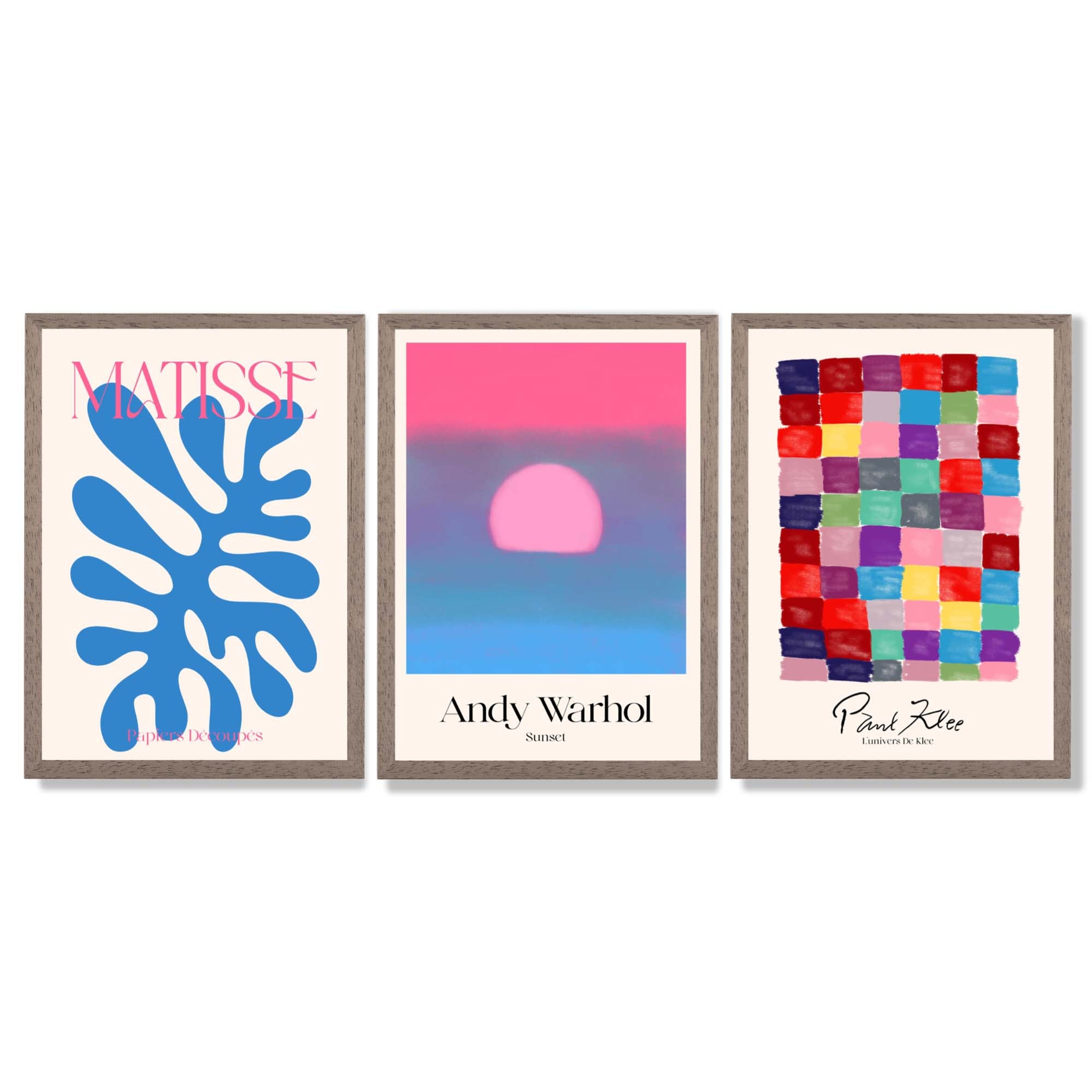 Matisse Warhol Klee in Pink and Blue Gallery  Framed Art Prints with Light Walnut Frames